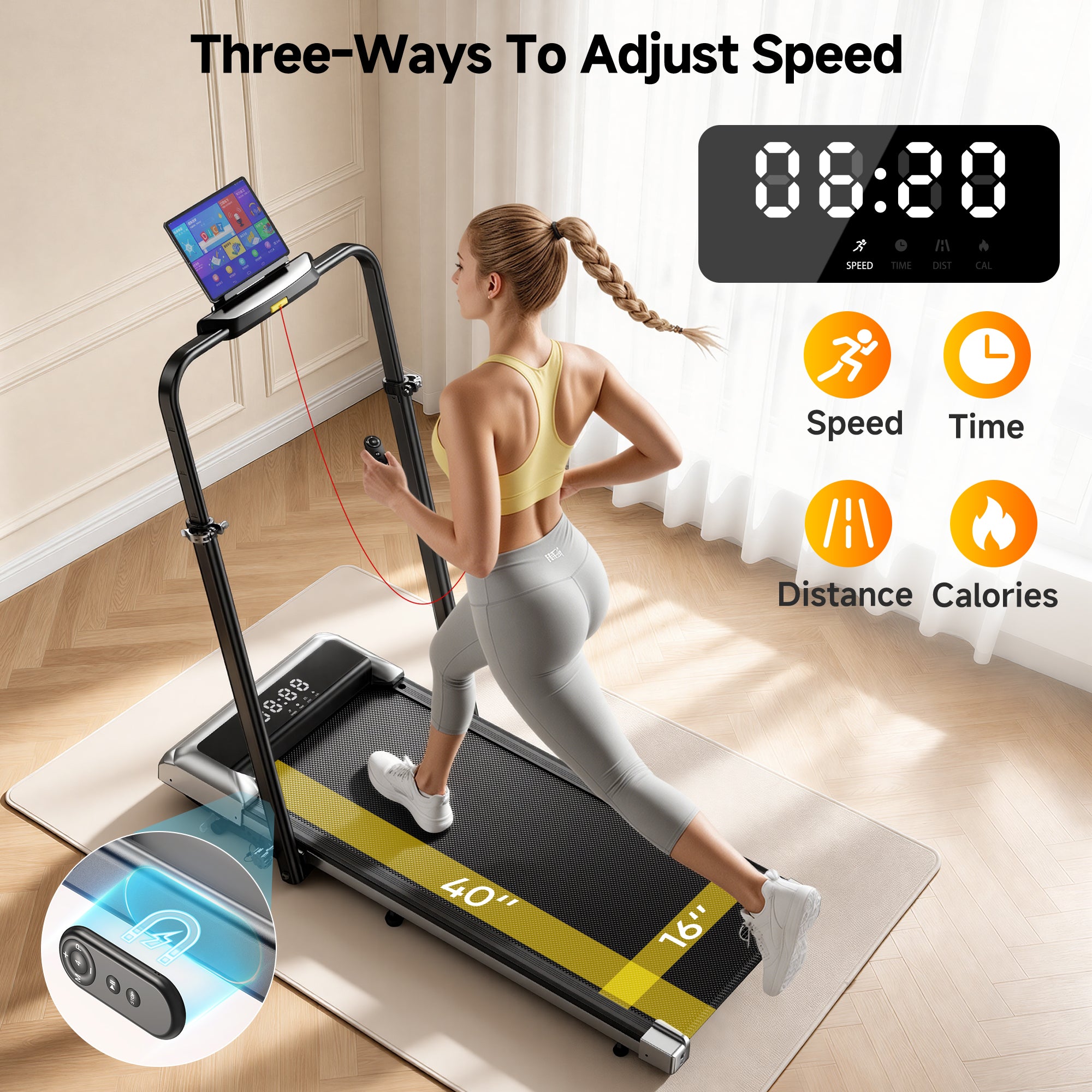 Toputure TP6 treadmill with LED display showing speed, time, distance, and calories for smart home workout tracking.