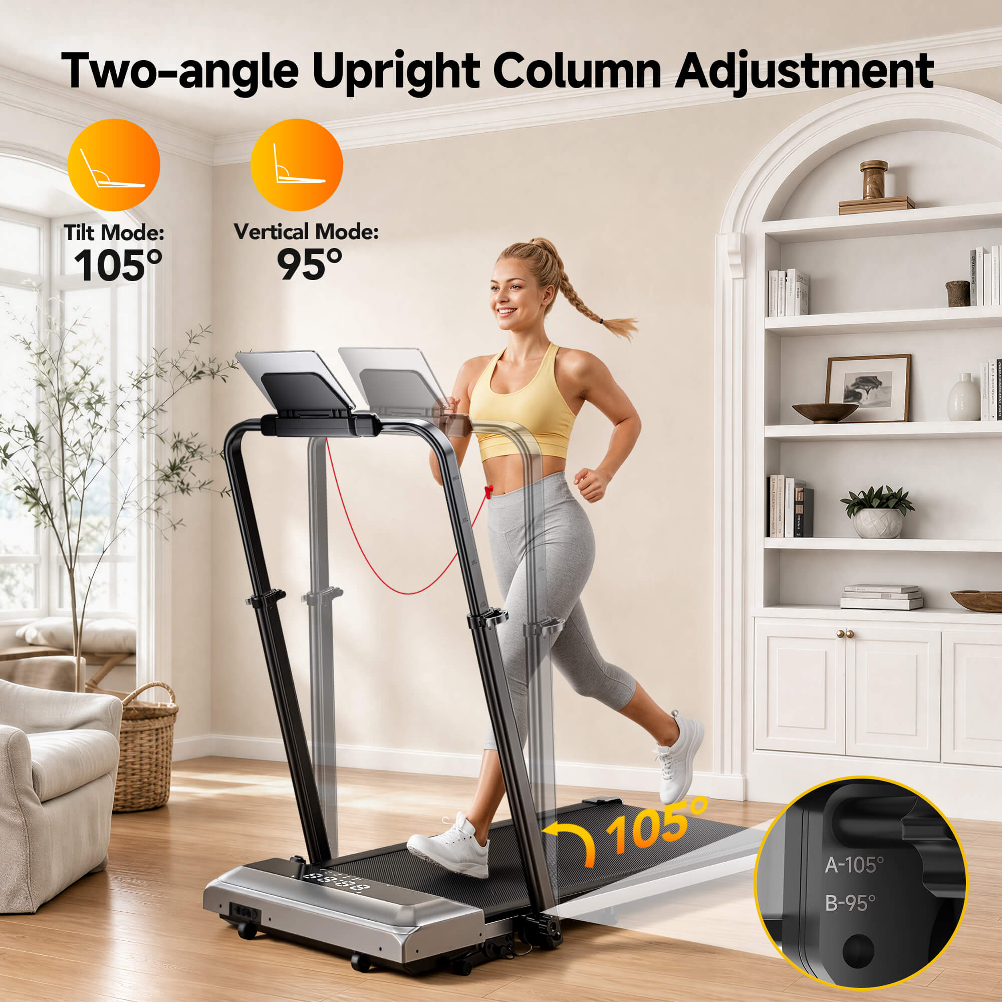 Toputure TP6 treadmill with adjustable handle angle between 95° and 105° for a comfortable and ergonomic workout position.