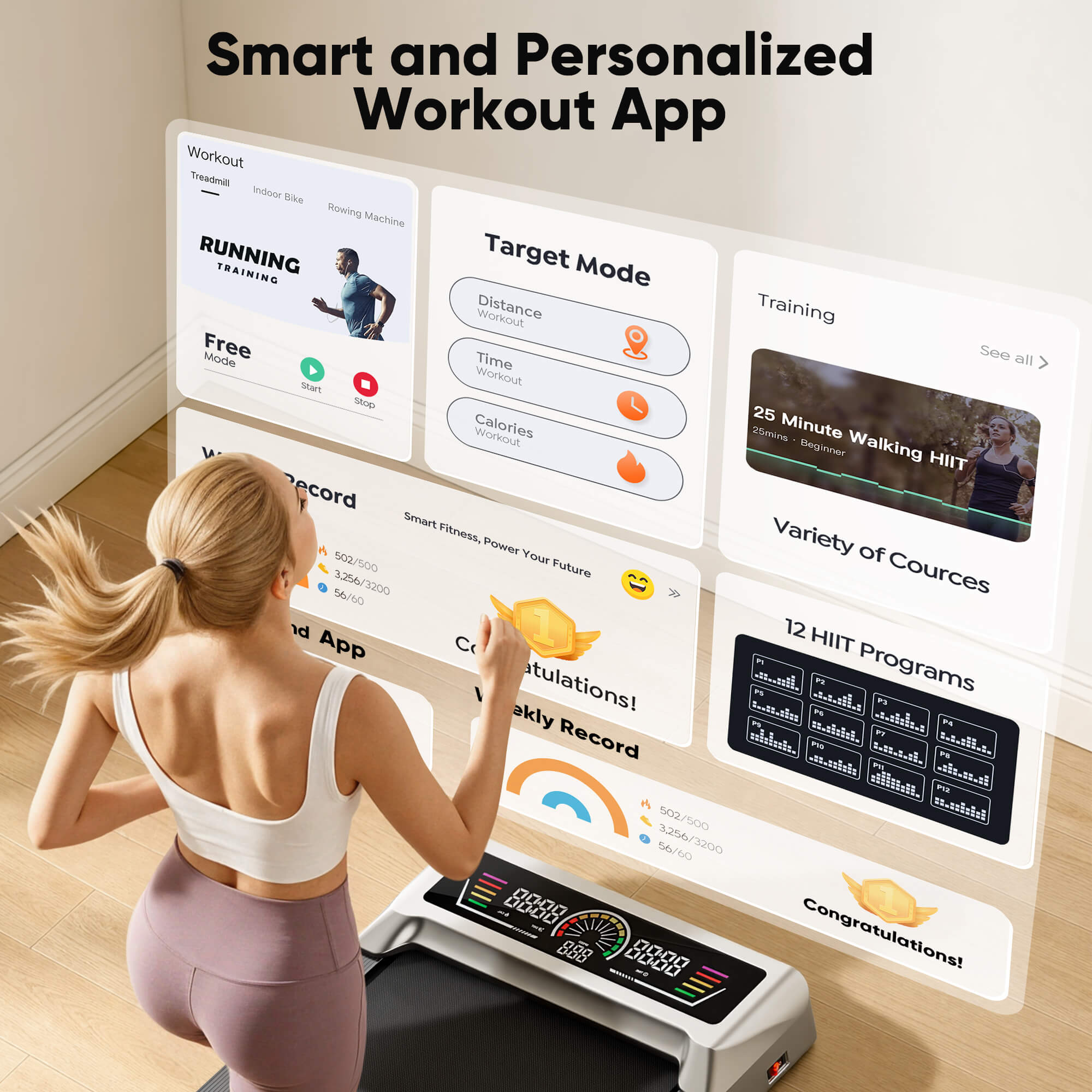 Toputure TP8 walking pad with smart fitness app connectivity for workout tracking, training programs, and personalized exercise goals.