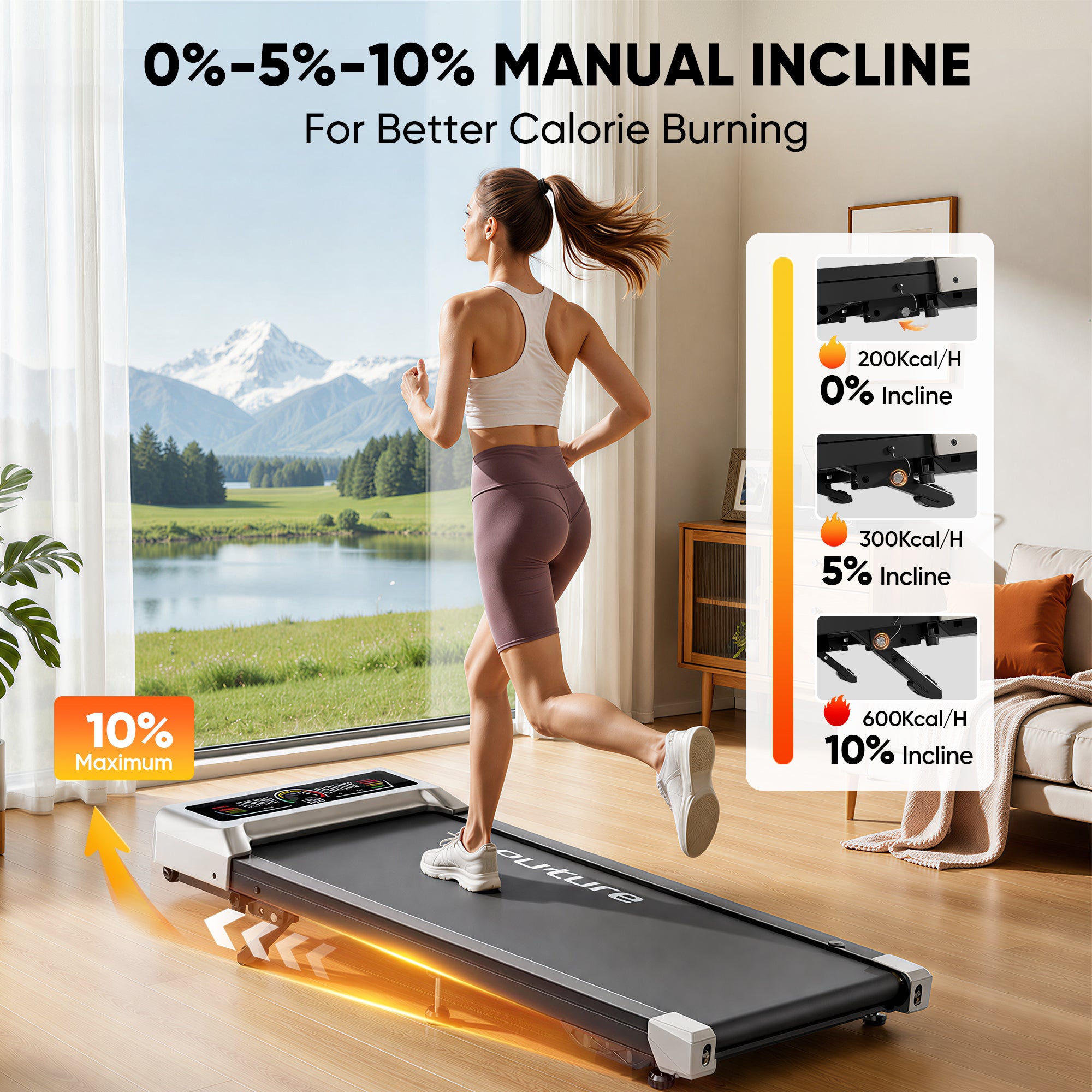 Toputure TP8 walking pad with 3-level manual incline adjustment from 0% to 10% for calorie-burning home workouts.