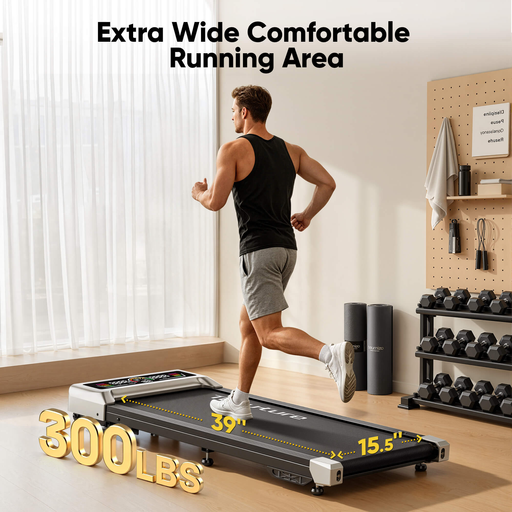 Toputure TP8 portable walking pad with a 15.5-inch wide running belt and 300 lbs weight capacity for comfortable home workouts.