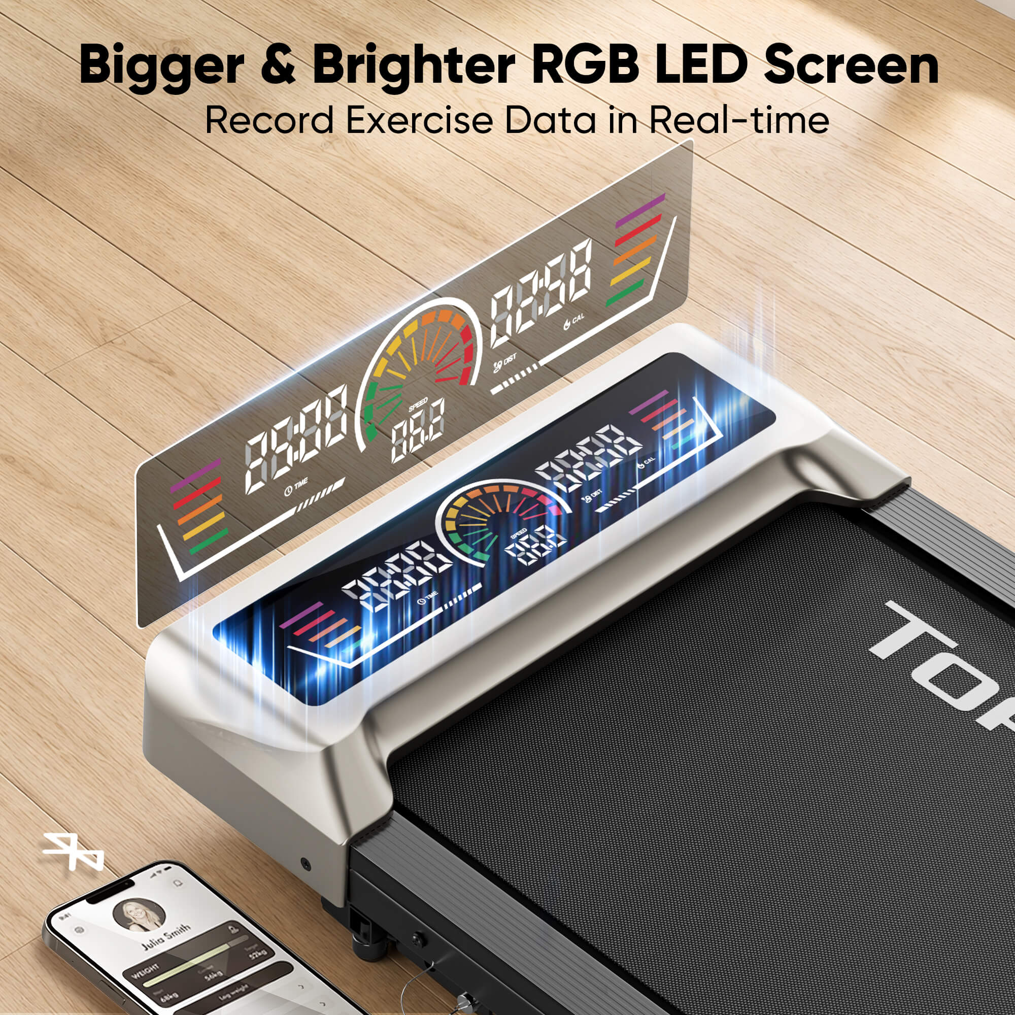 Toputure TP8 walking pad featuring a bright RGB LED display for tracking speed, distance, time, and calories during workouts.