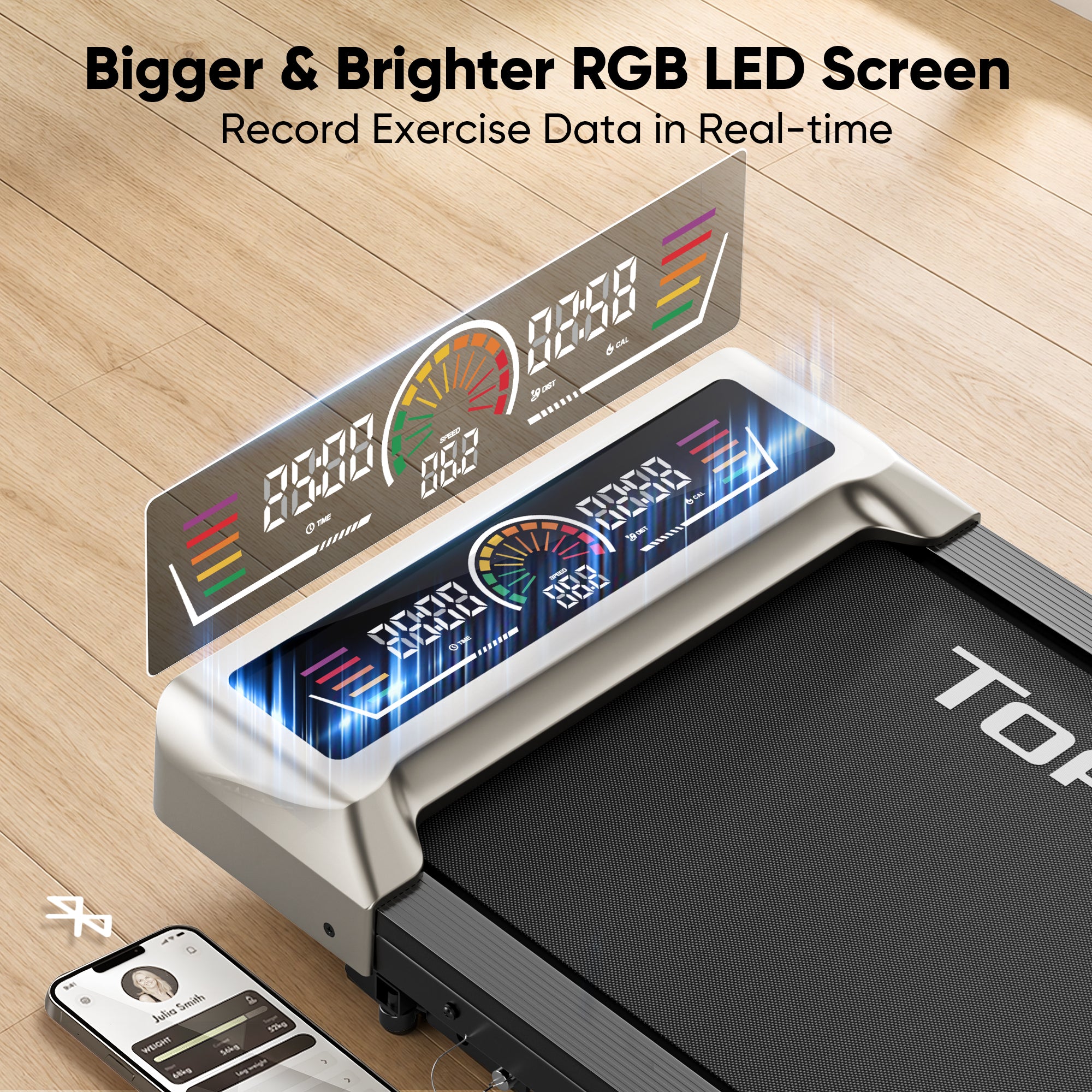 Toputure TP8 walking pad featuring a bright RGB LED display for tracking speed, distance, time, and calories during workouts.