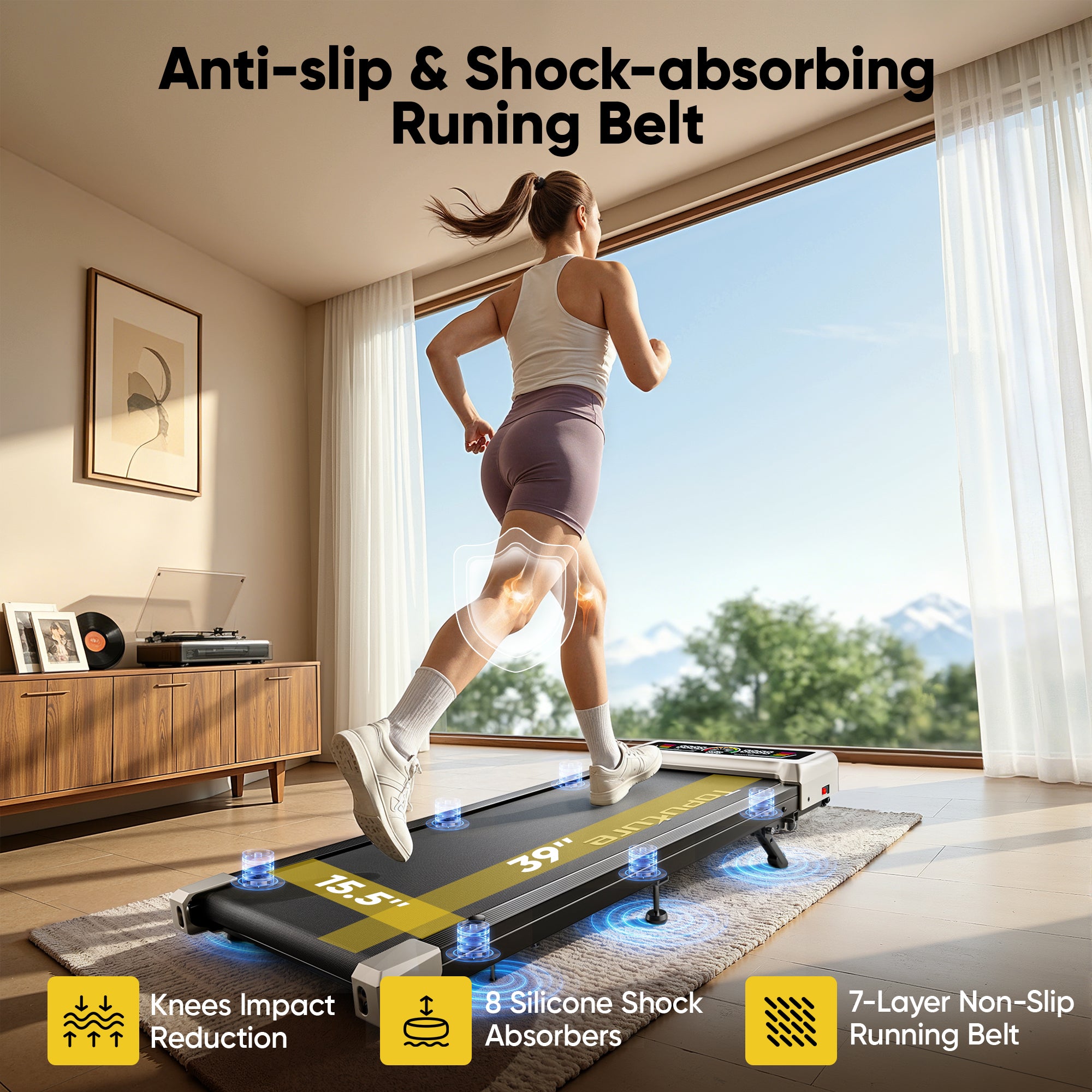 Toputure TP8 under desk walking pad with 7-layer shock absorption, anti-slip belt, and cushioning system for comfortable home workouts.