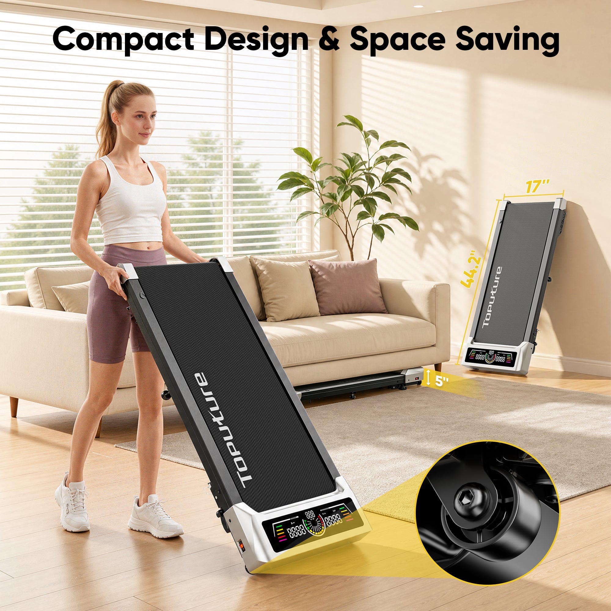 Toputure TP8 portable walking pad featuring a slim, compact design, space-saving storage, and easy mobility for home and office use.