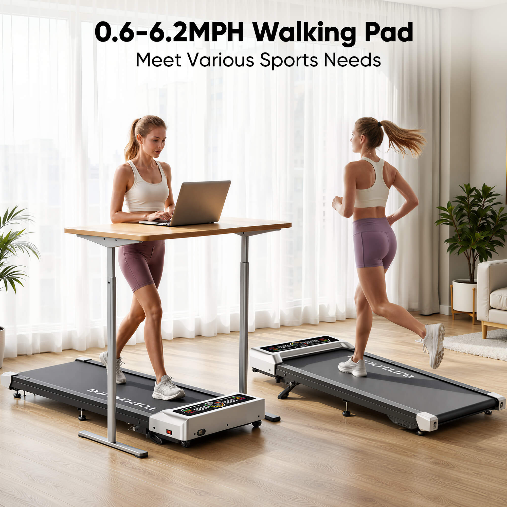 Toputure TP8 under desk walking pad with adjustable 0.6- 6.2 mph speed for under desk walking, running, and indoor workouts.