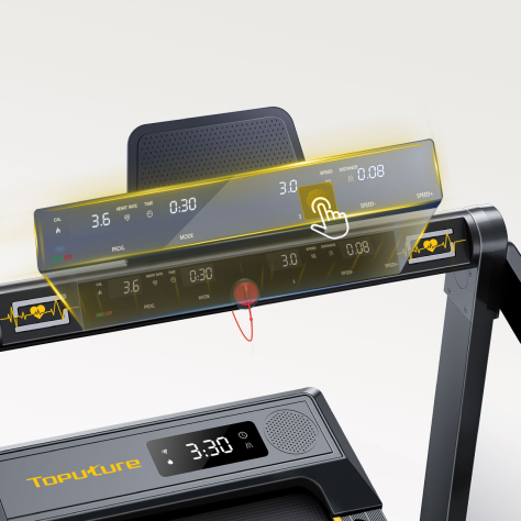 A hand touches the upright display of a Toputure treadmill, interacting with real-time running stats like speed, distance, and heart rate.