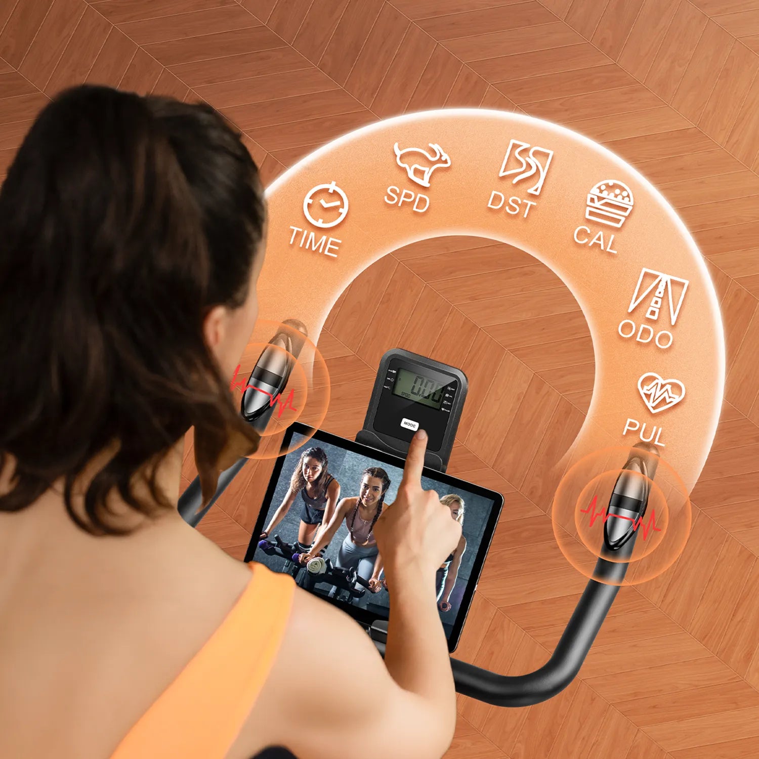 Person using a digital device with a circular interface on a wooden floor