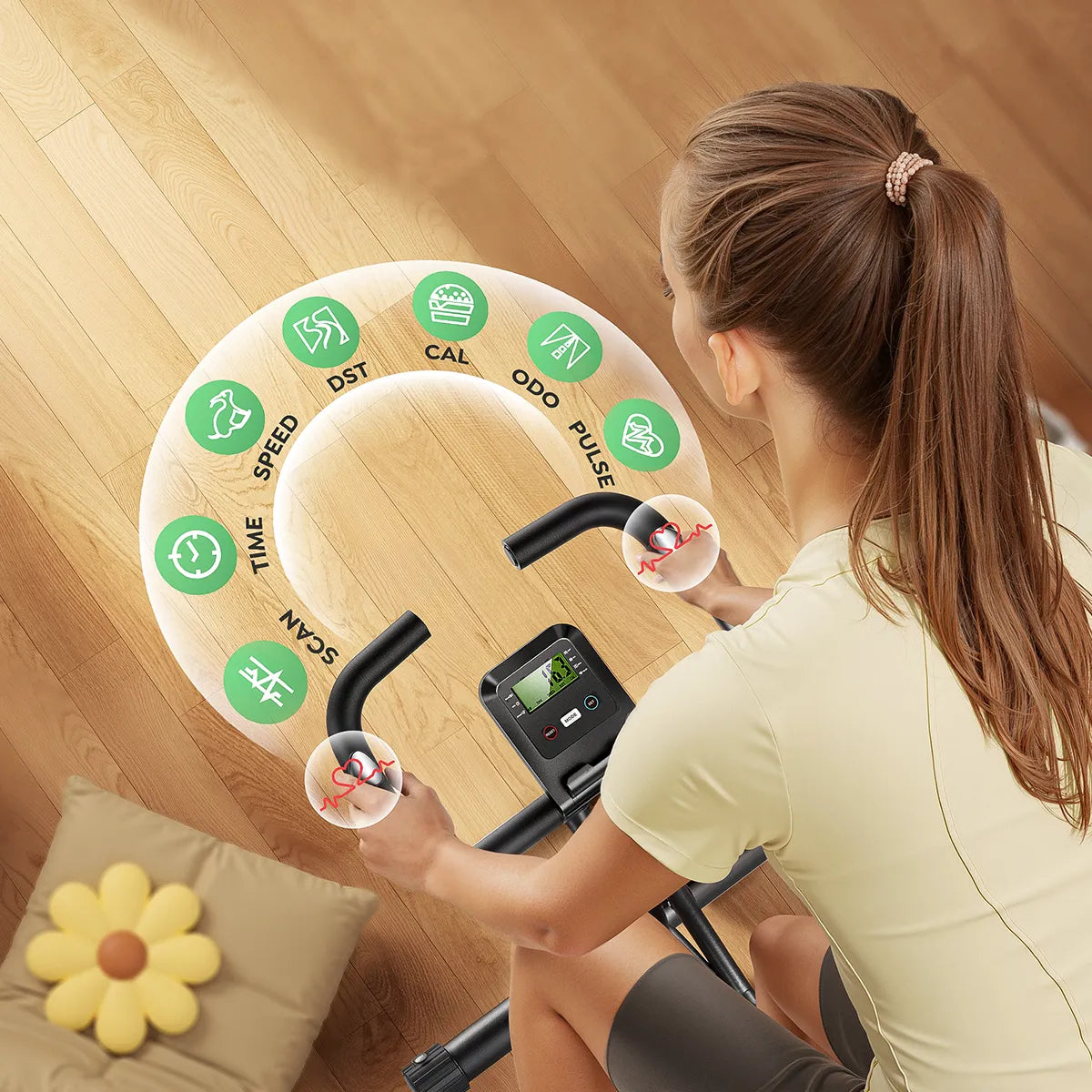 A person cycling on the TEB4 exercise bike, with LCD screen clearly displaying SCAN, TIME, SPEED, DST, CAL, ODO, and PULSE for real‑time heart‑rate monitoring and workout tracking.