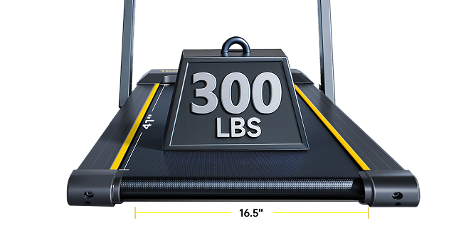 Treadmill supporting 300 lbs weight, featuring a 41" x 16.5" running belt for durability and spacious workout area.
