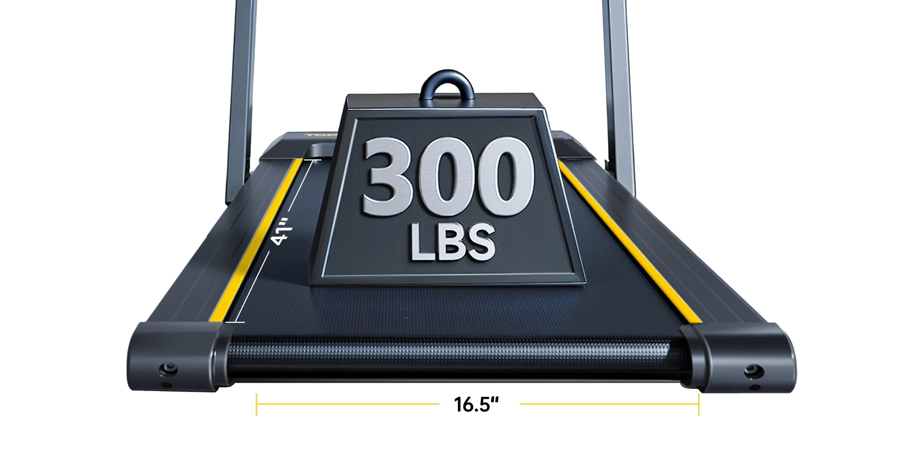 Treadmill supporting 300 lbs weight, featuring a 41" x 16.5" running belt for durability and spacious workout area.
