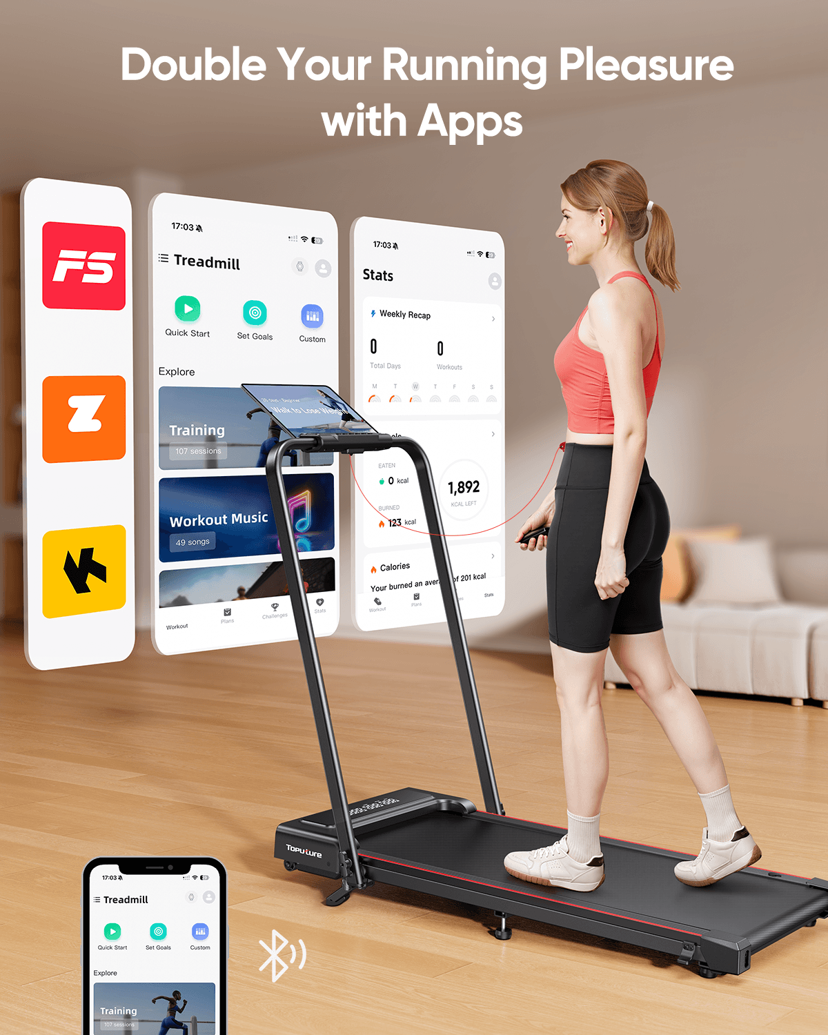 Toputure TP4 2 in 1 treadmill with FitShow app, Bluetooth connectivity, magnetic remote control, and dual control options.