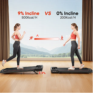 comparison: one person walks on the flat walking pad, while another uses it at a 9% incline for high-calorie burn workouts.