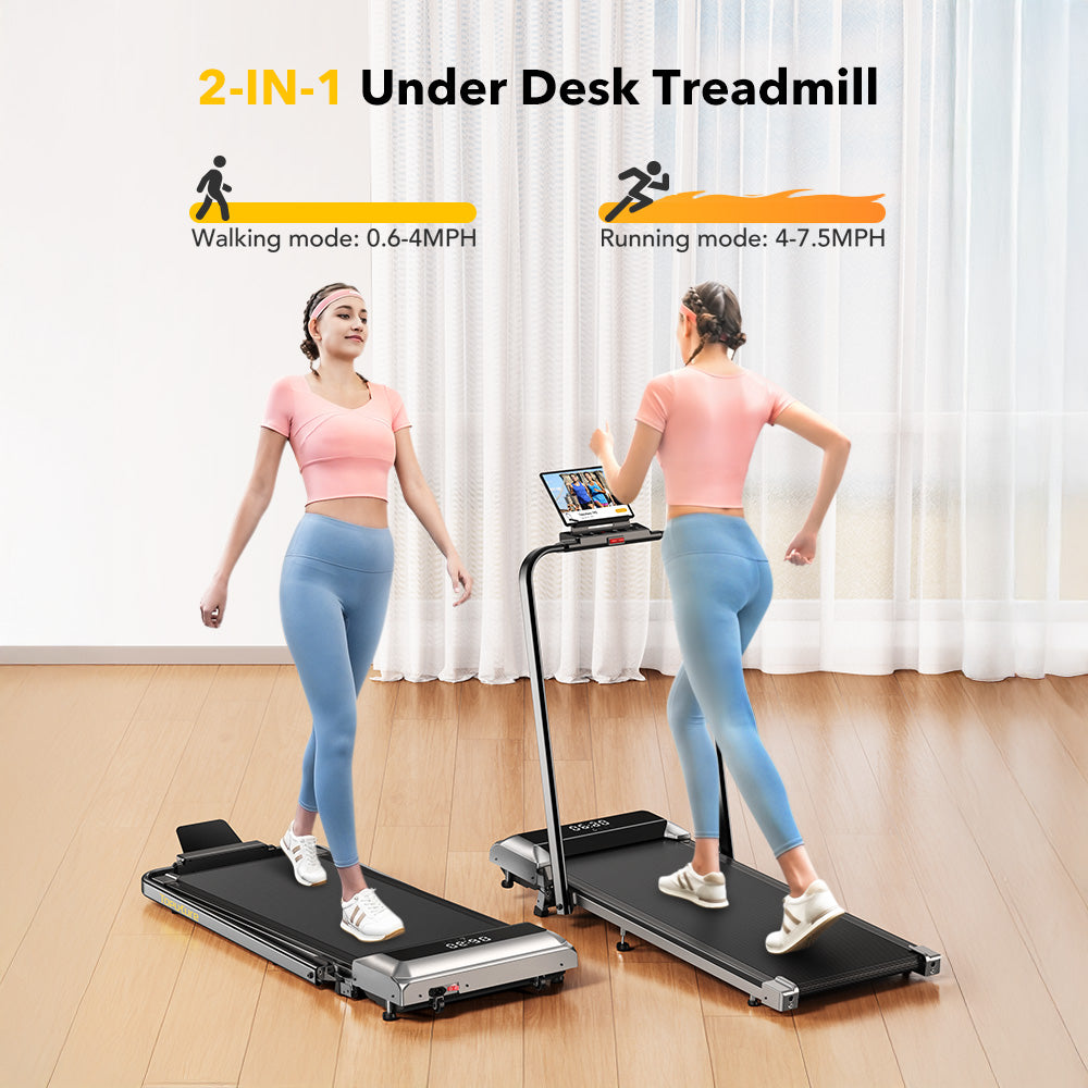 2-in-1 under desk treadmill with a woman using it in a home office setting.