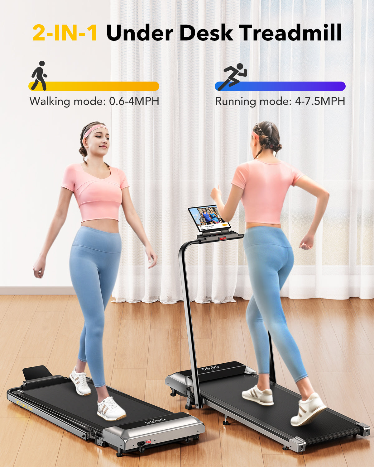 TP2 treadmill offers 2-in-1 functionality for both walking and running workouts, adaptable to your fitness goals.