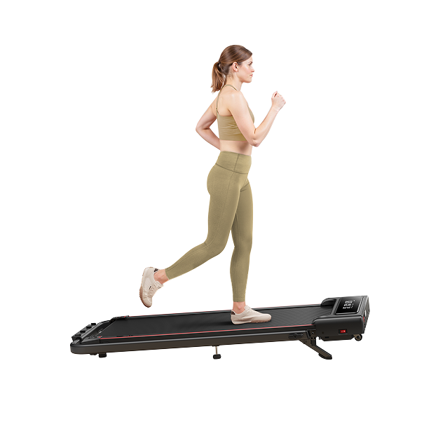 A person walking on a treadmill against a clean white background, showcasing the product’s usage and ergonomic design.c