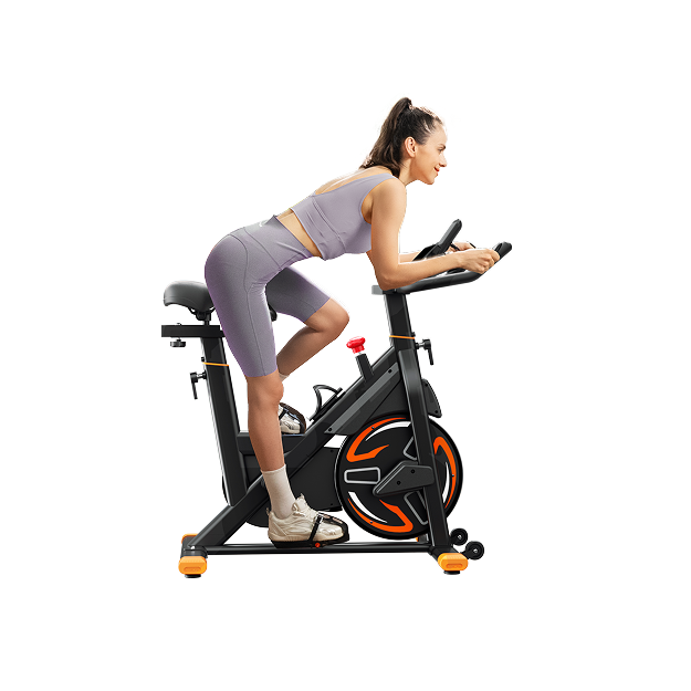 A woman riding an exercise bike against a clean white background, demonstrating the bike’s design and indoor cycling posture.c