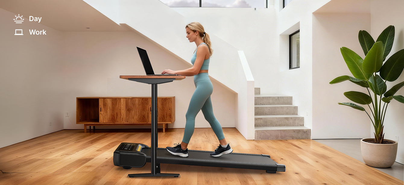 A woman walking on a treadmill at home during the daytime while using her laptop, illustrating a productive under-desk walking setup.
