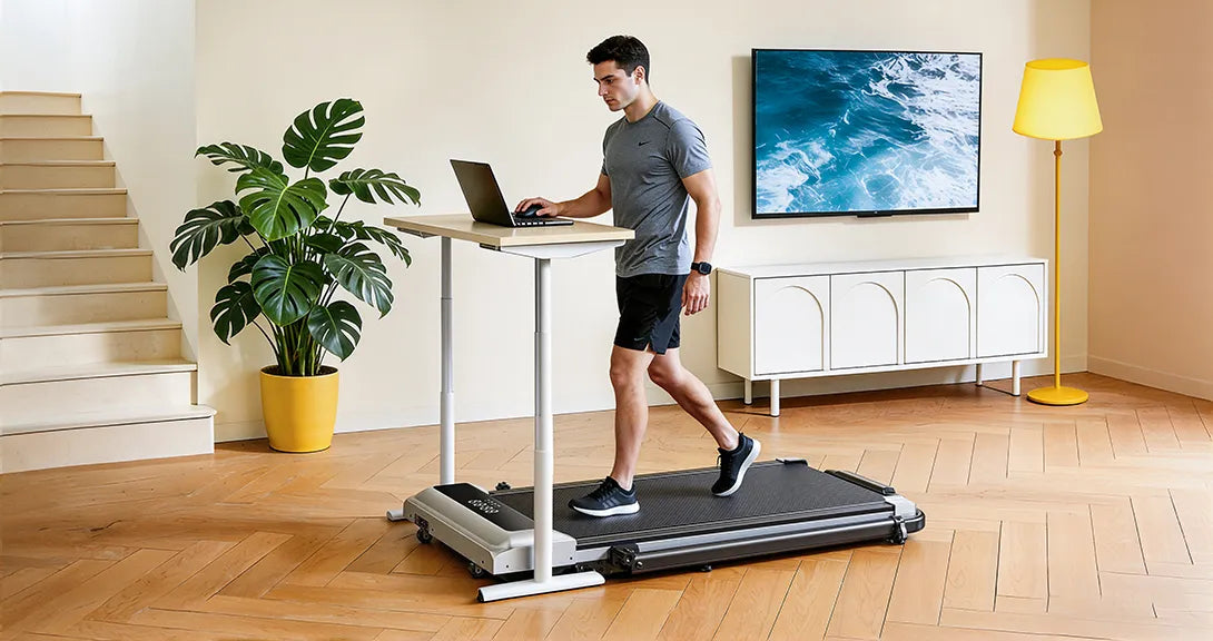 A man working at his desk while walking on an under‑desk walking pad, seamlessly blending movement into his home office routine.