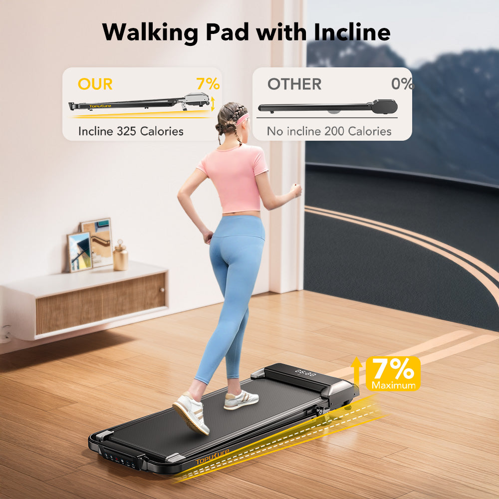 Woman using TP2 walking pad with incline feature in a home setting