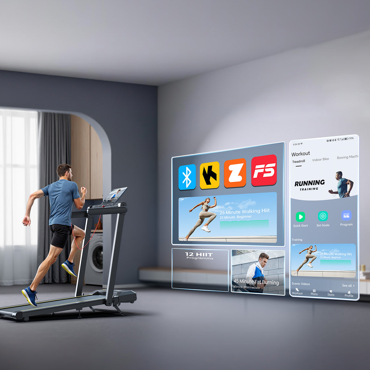 A man running on a treadmill at home, with a screen display showing multiple compatible fitness apps for connected workouts.