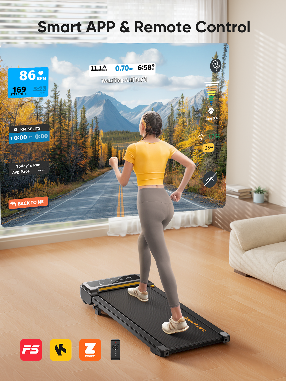 A woman walks immersed on a TP3 treadmill, compatible with three popular apps for engaging virtual fitness experiences.