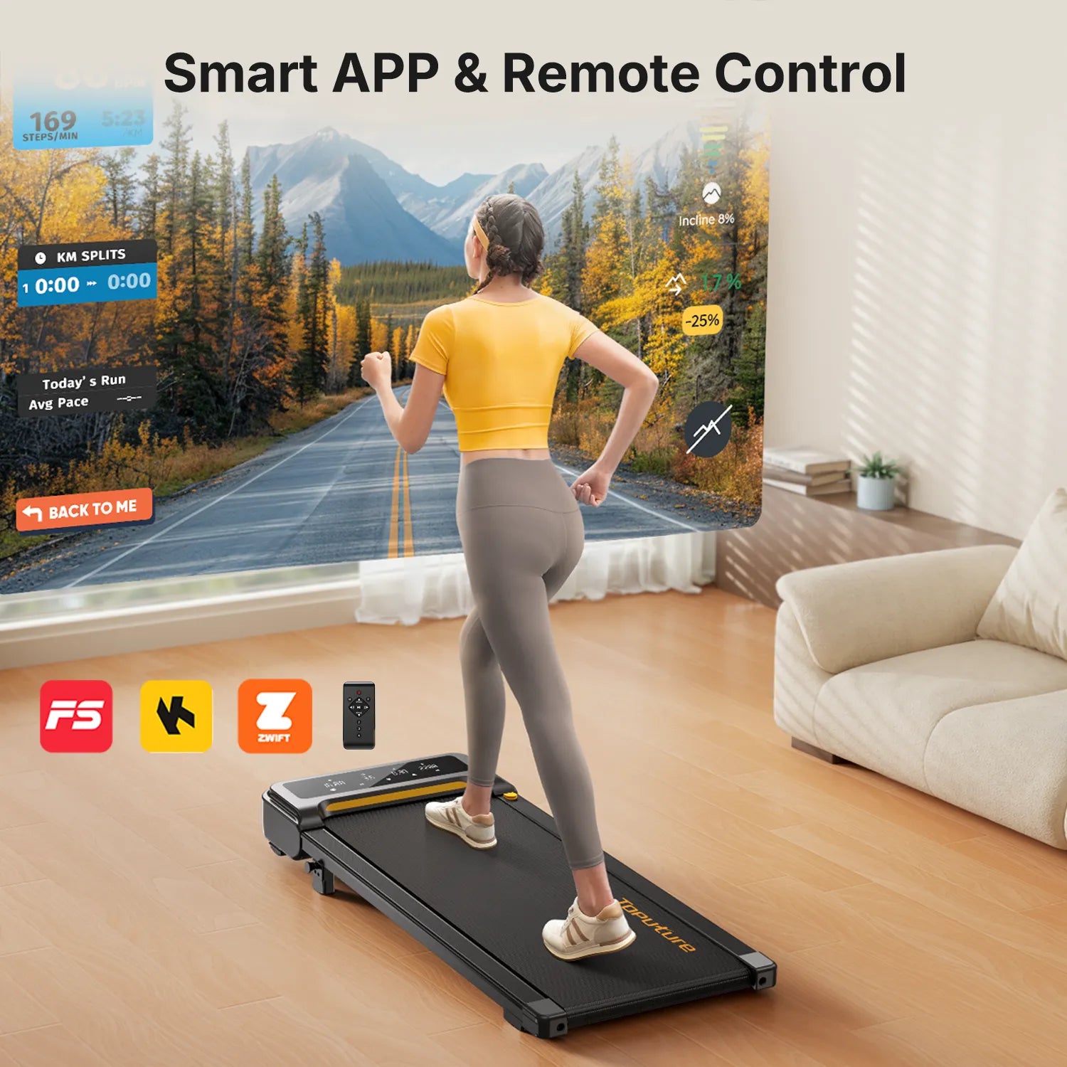 Woman using a TP3 treadmill with a smart app and remote control display in a living room.
