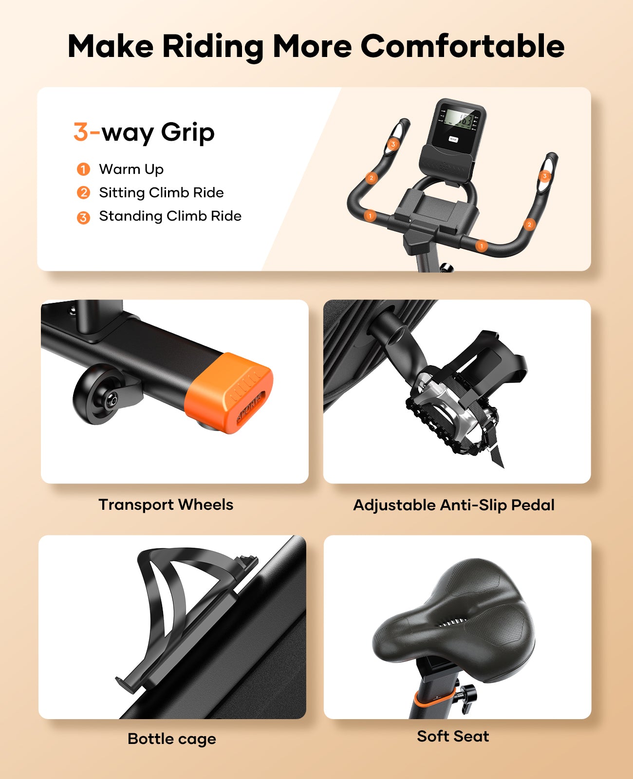 Comfort features include a soft seat, secure pedals, easy-move transport wheels, and a built-in water bottle holder. 