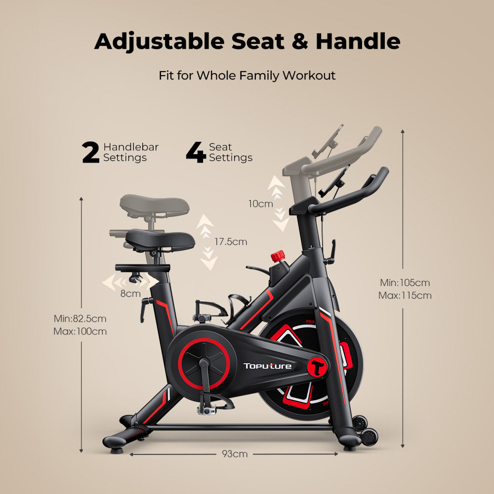 TEB1 indoor exercise bike seat and handlebar adjustable to fit riders from 150 cm up to 195 cm tall. 