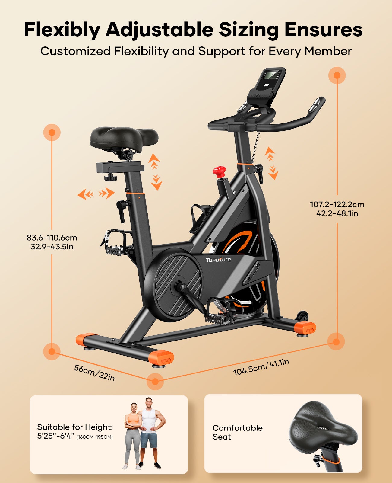 TEB3 spin bike with adjustable seat and handlebars to fit riders from 5'2