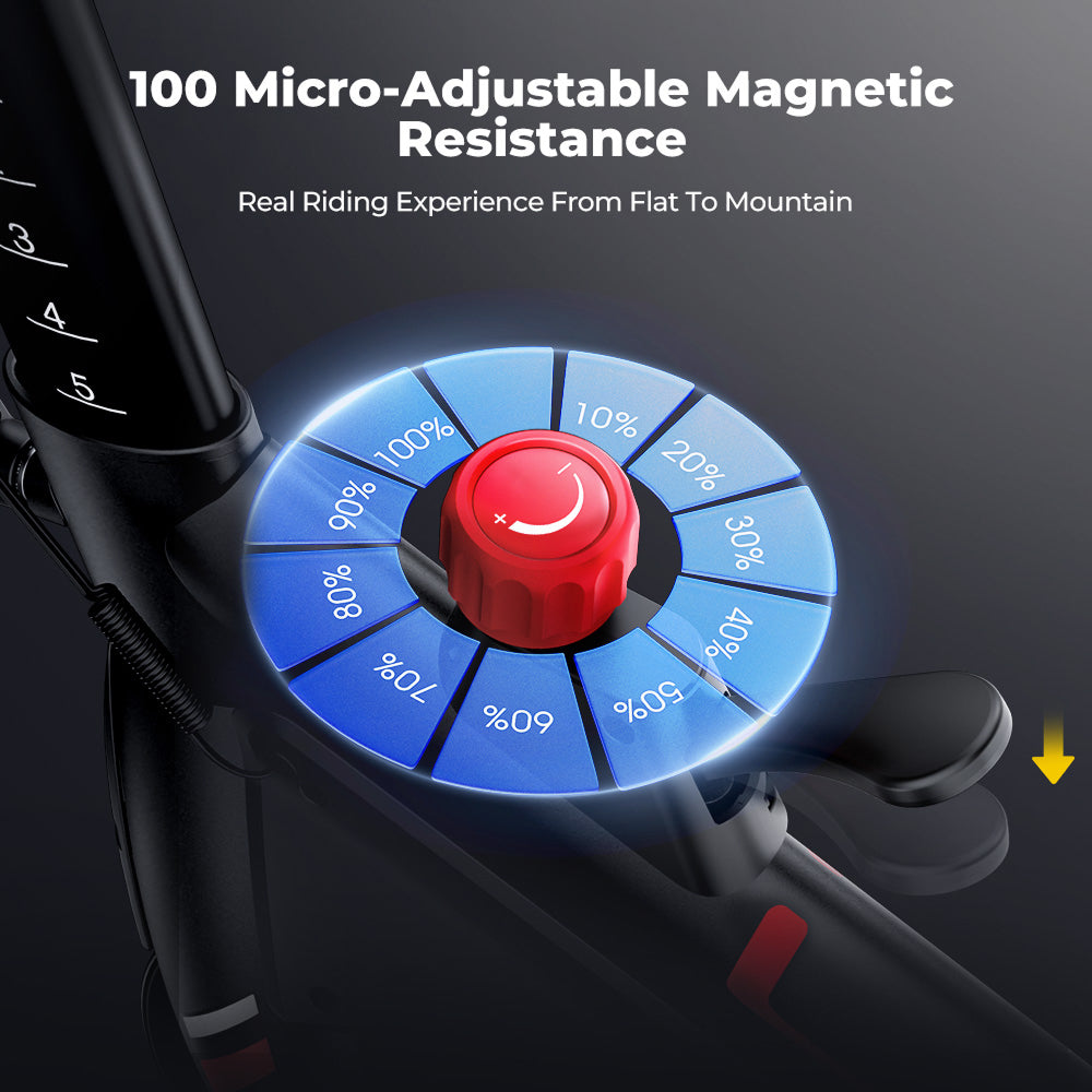 Close-up of the manual magnetic resistance knob showing 100 levels for precise simulation from flat road to mountain. 