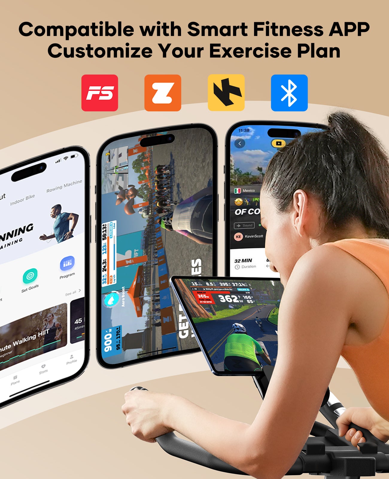 TEB3 indoor spin bike connects via Bluetooth to 3 fitness apps, providing an engaging and immersive cycling experience. 