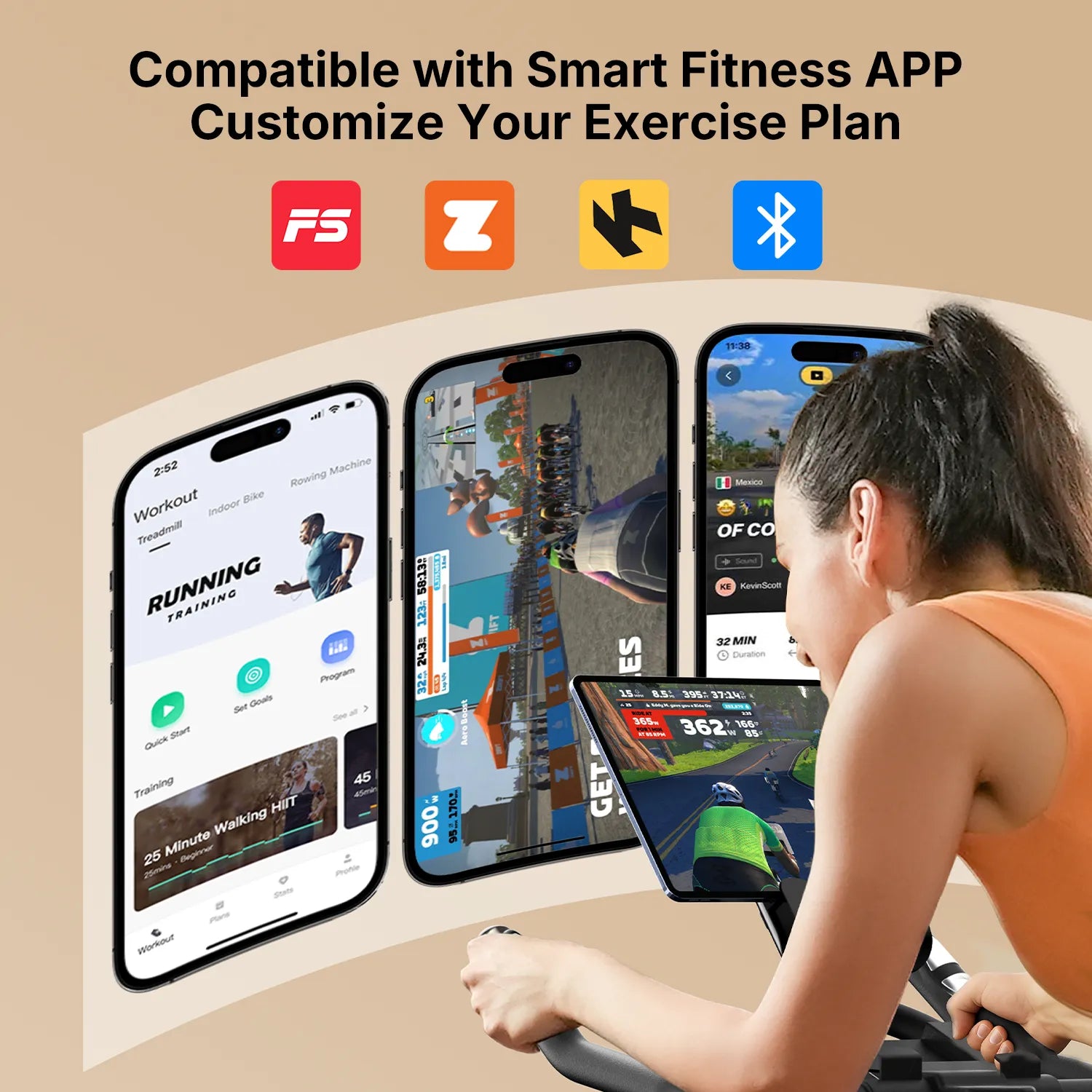 Woman using a fitness bike with smartphone screens displaying smart fitness app interfaces.