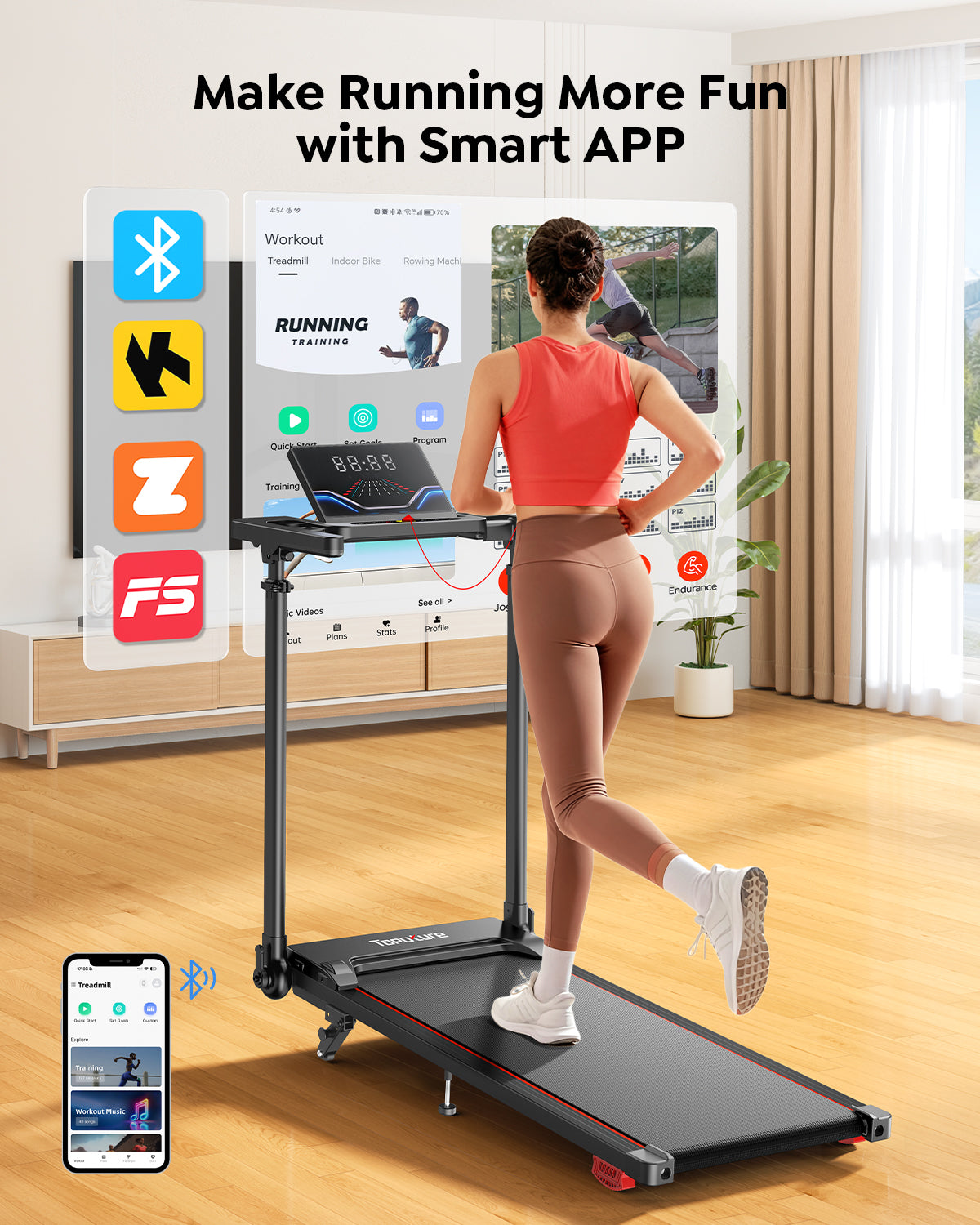 Runner connects Toputure treadmill via Bluetooth to 3 fitness apps for interactive virtual real-world running.