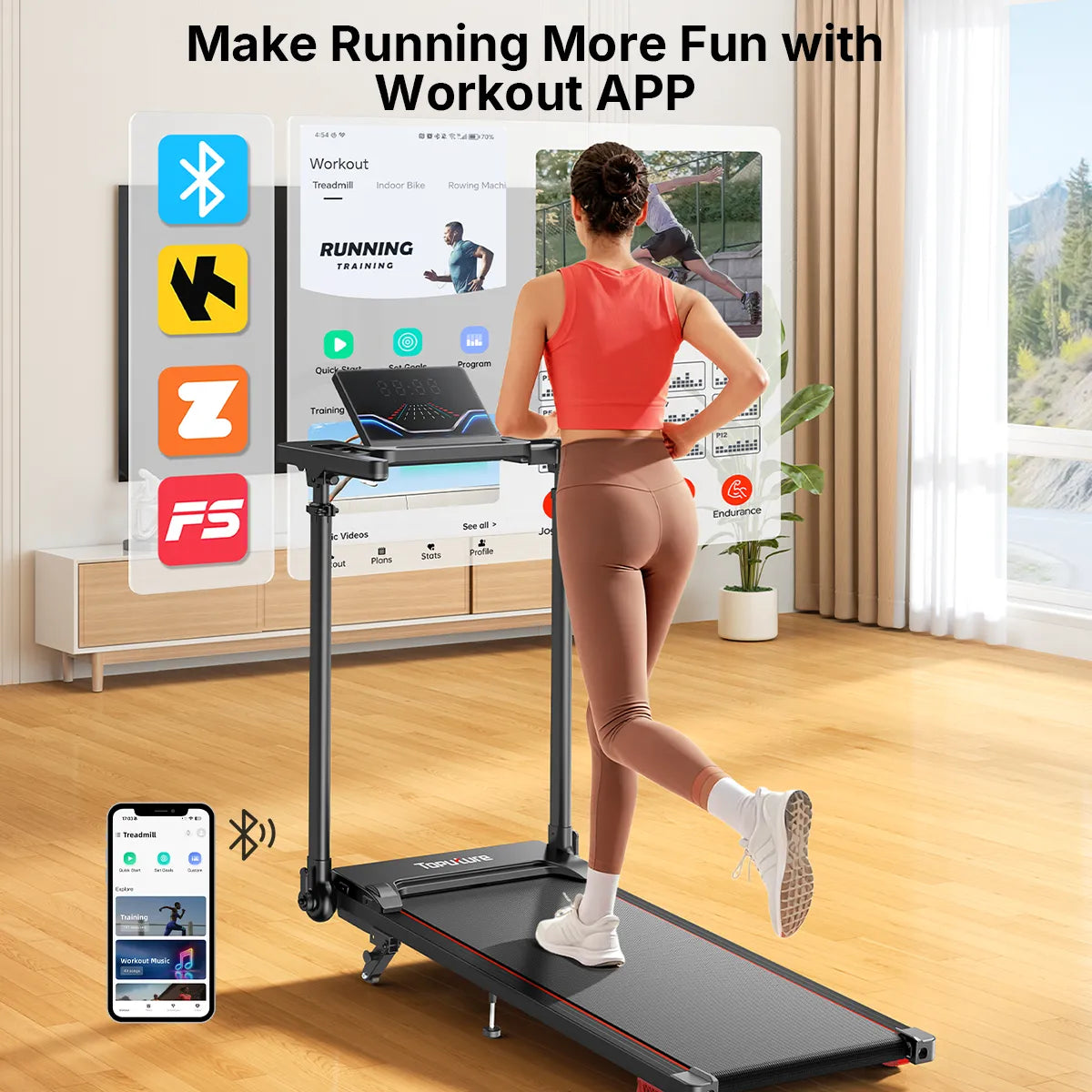 Woman using a tp7 treadmill with an app interface displayed on a screen, indicating a fun workout experience.