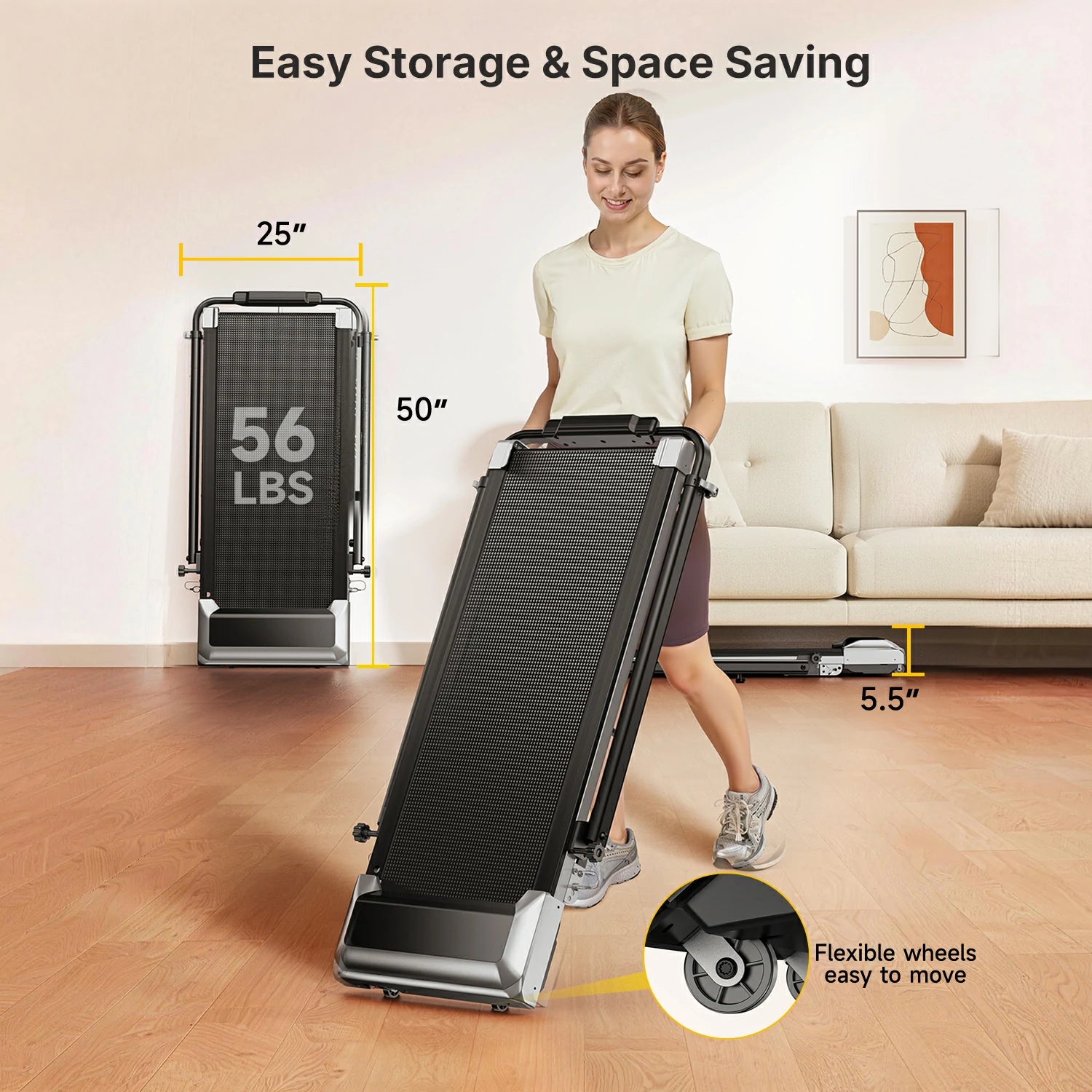 TP6 compact treadmill stored under the sofa, with slim dimensions of 50" x 25" x 5.5" and built-in wheels.