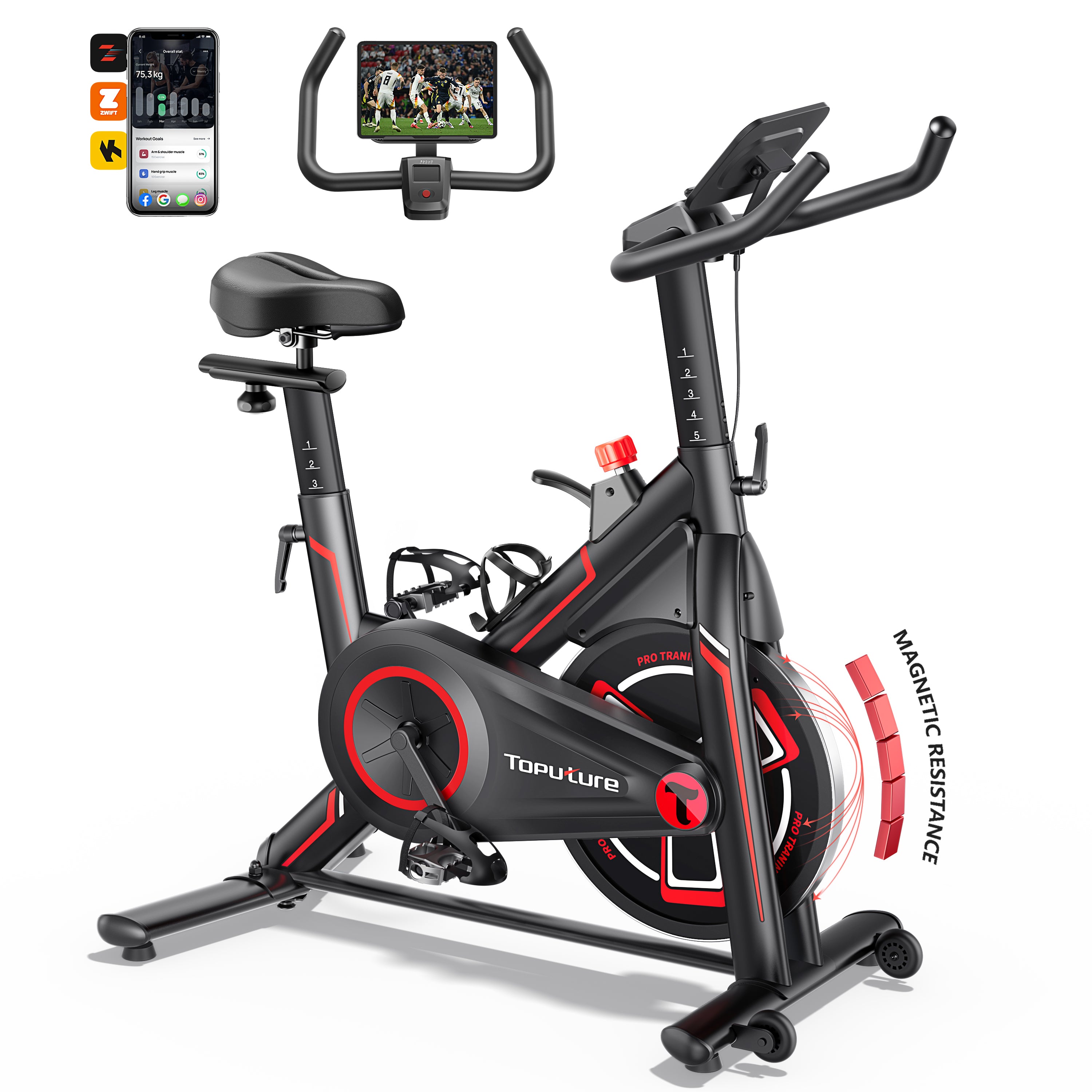 TEB1 exercise bike on a white background, featuring ergonomic handlebars and connectivity to 3 popular fitness apps.