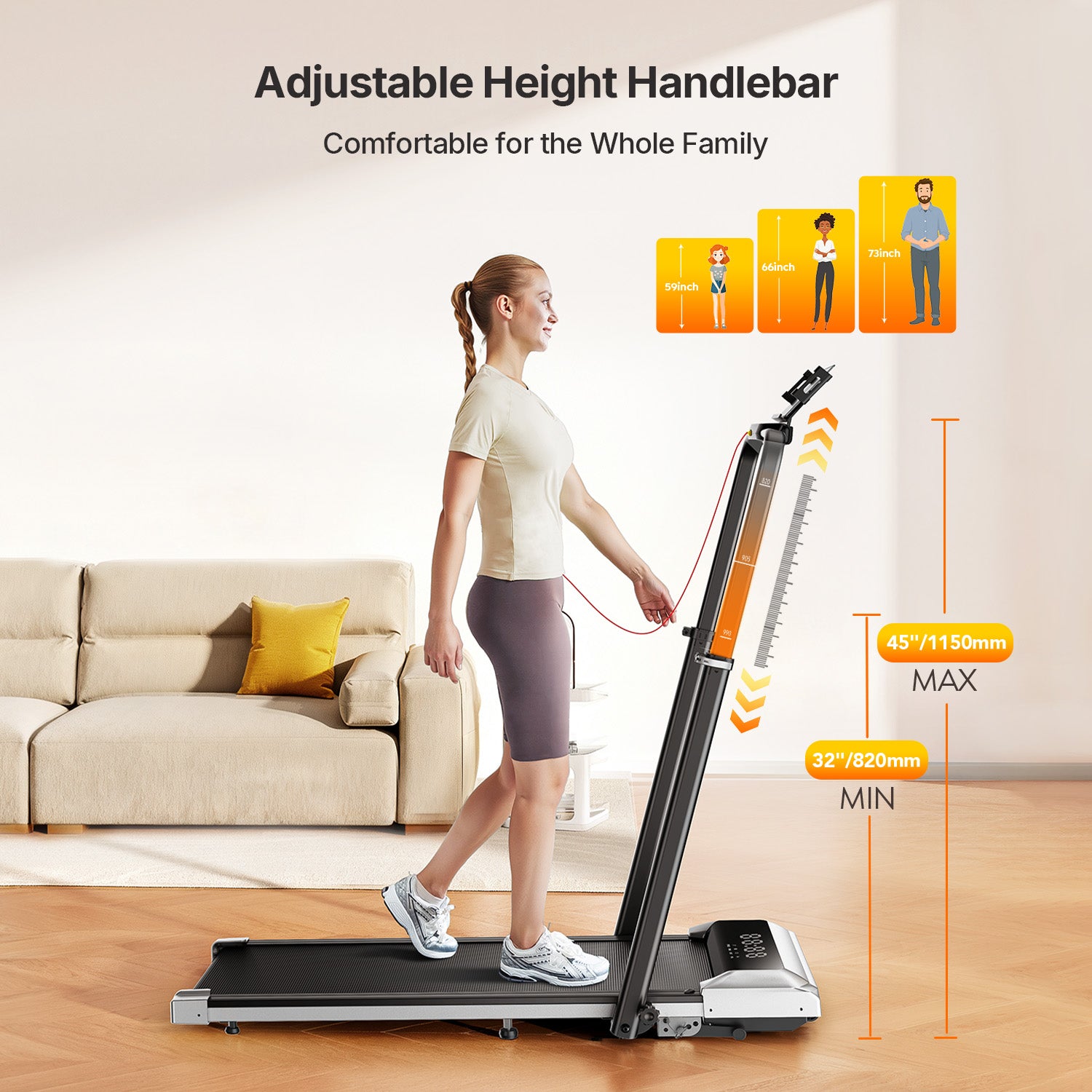 TP6 home treadmill featuring height-adjustable handrails suitable for the entire family's differing heights.
