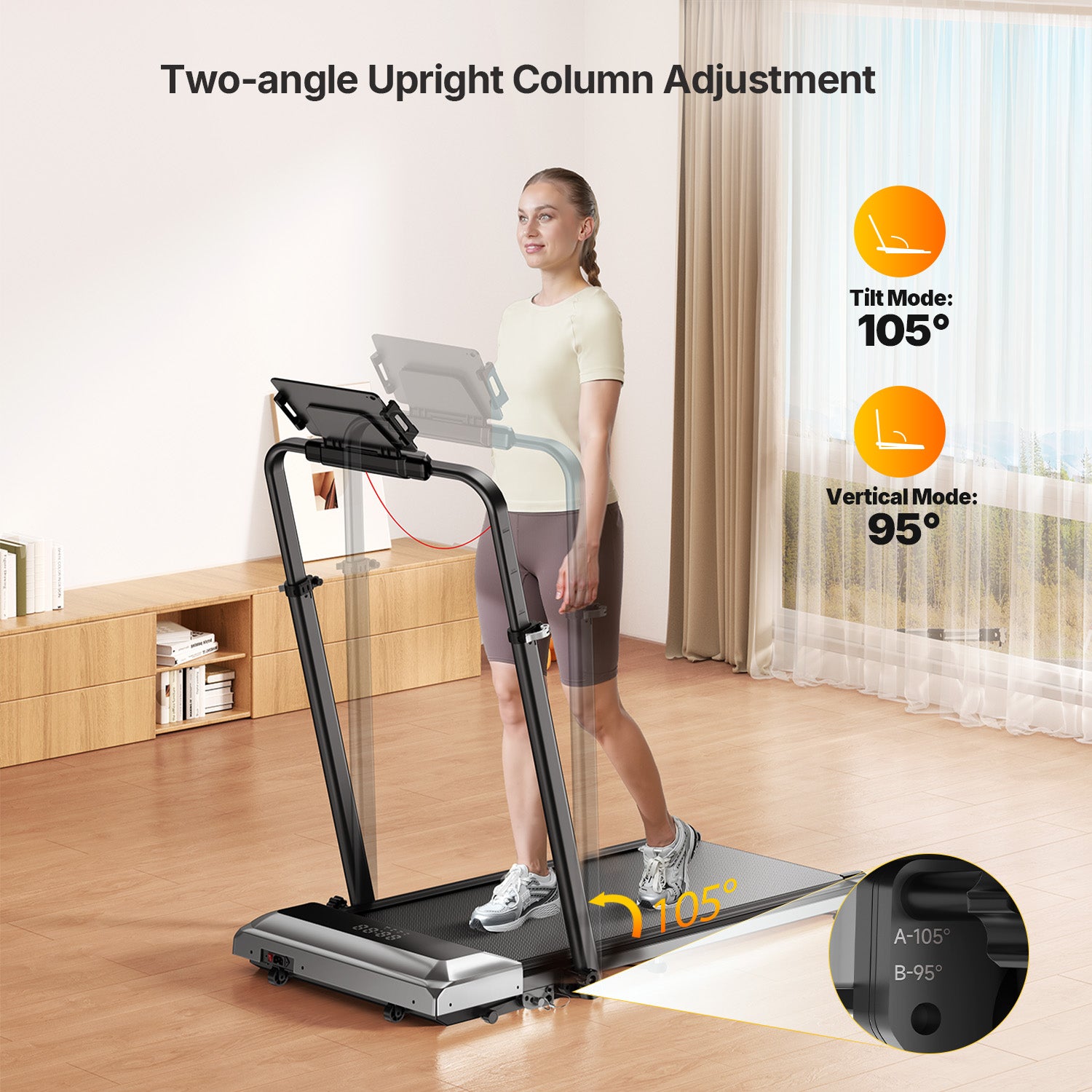 TP6 treadmill handrails featuring dual-angle adjustment at 95 and 105 degrees for customized grip comfort.