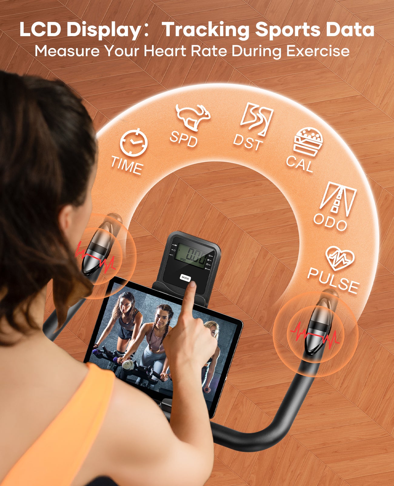 Close-up of the TEB3 indoor spin bike's LCD monitor displaying real-time workout data and performance metrics. 