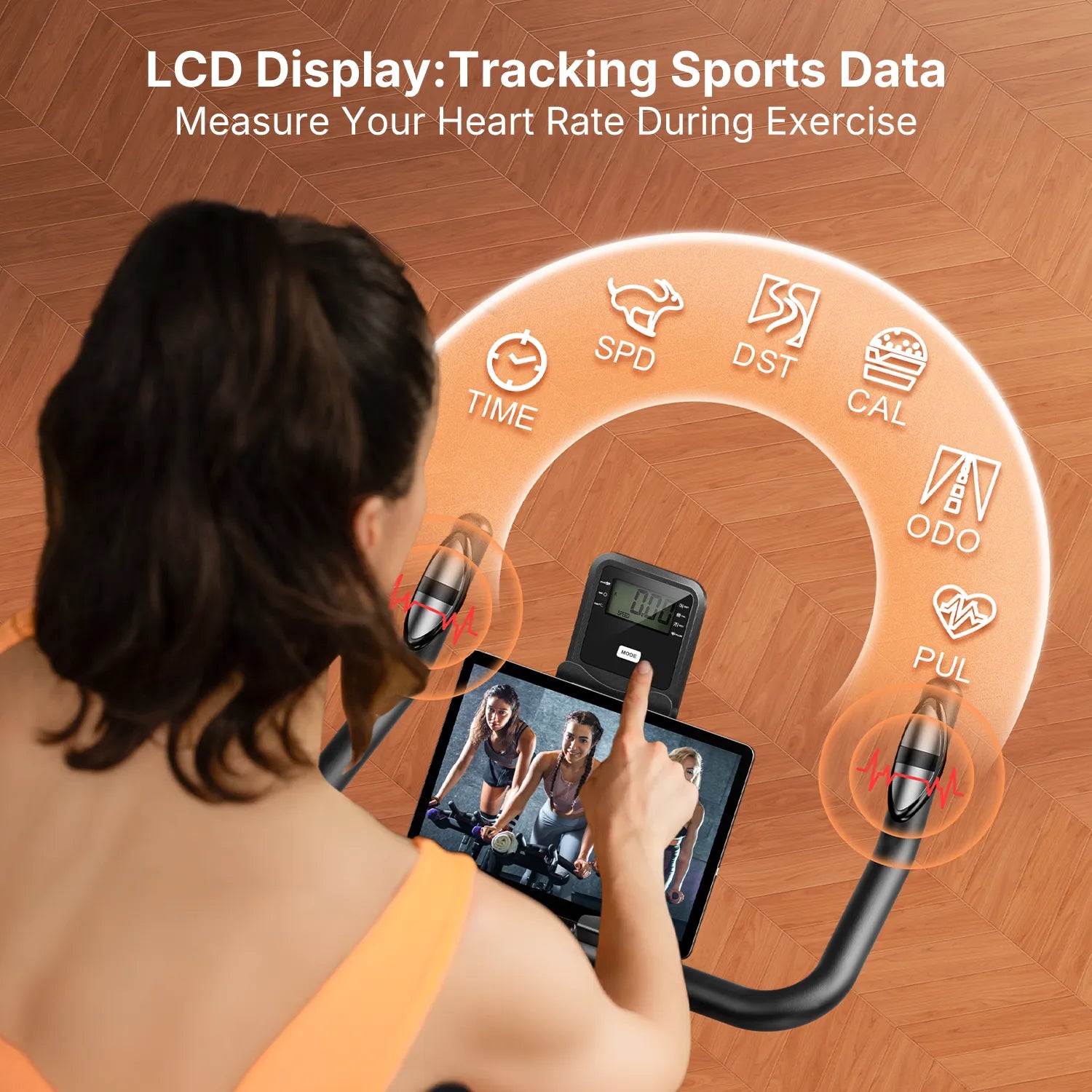 Person using a TEB3 exercise bike with an LCD display to track sports data on a wooden floor.
