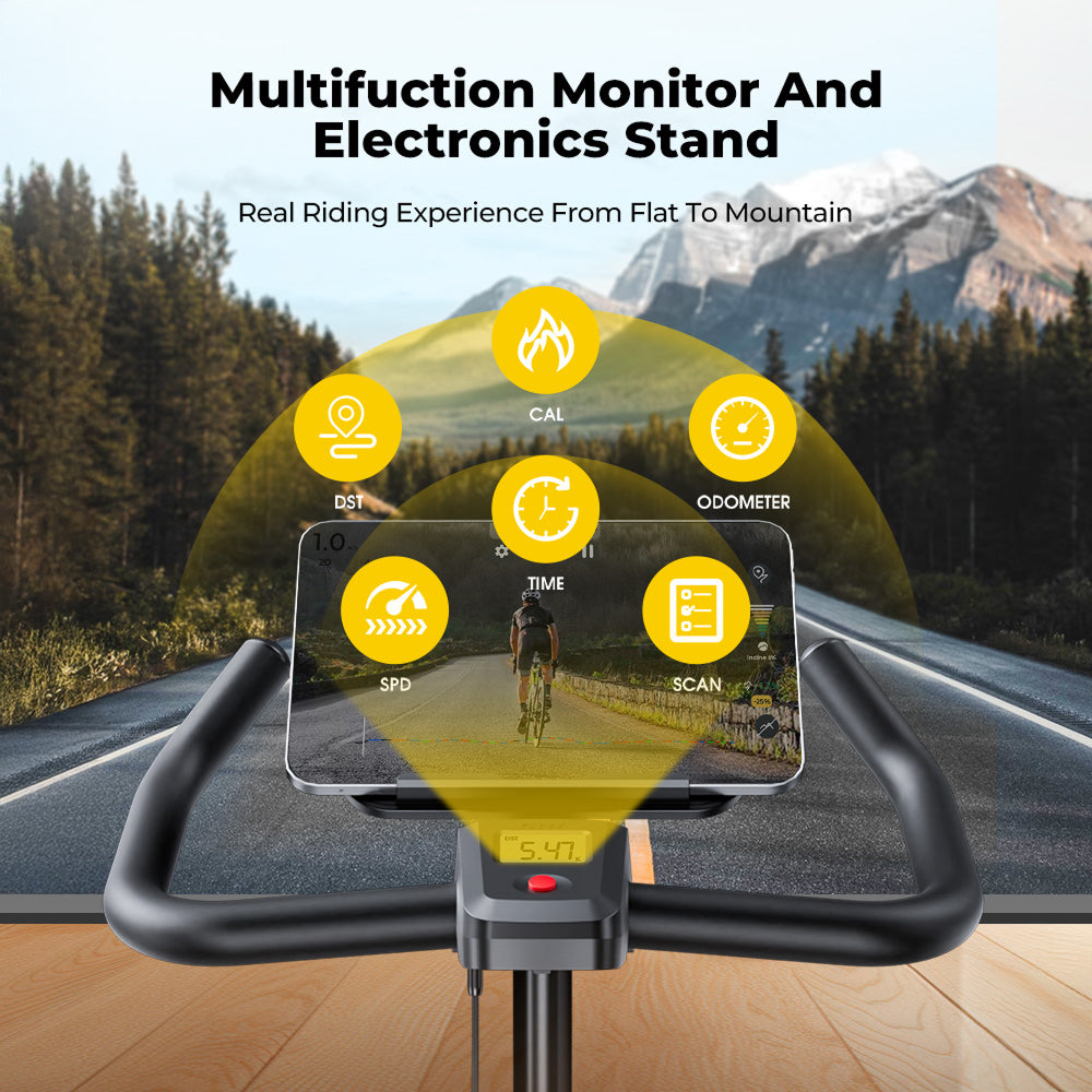 TEB1 indoor exercise bike's monitor and device holder allow custom planning and real-time tracking of workout data. 