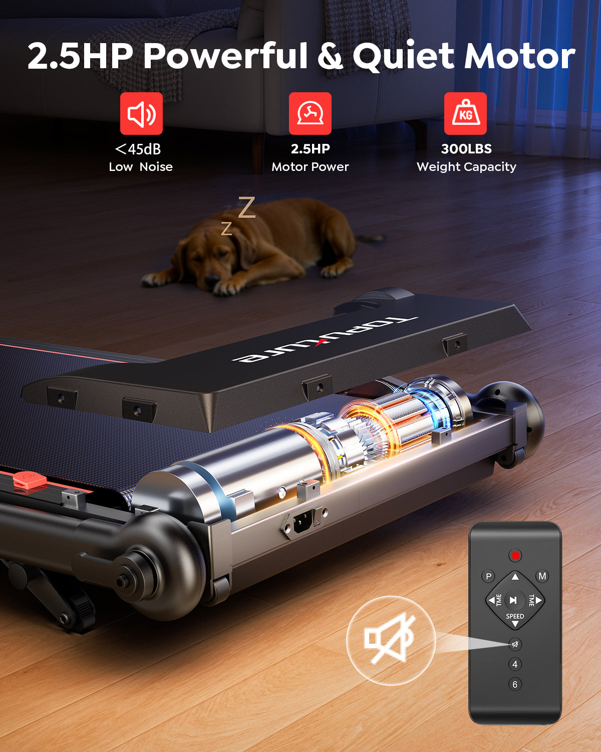 A dog sleeping soundly next to a TP7 treadmill running with its 2.5 HP quiet motor and remote control.