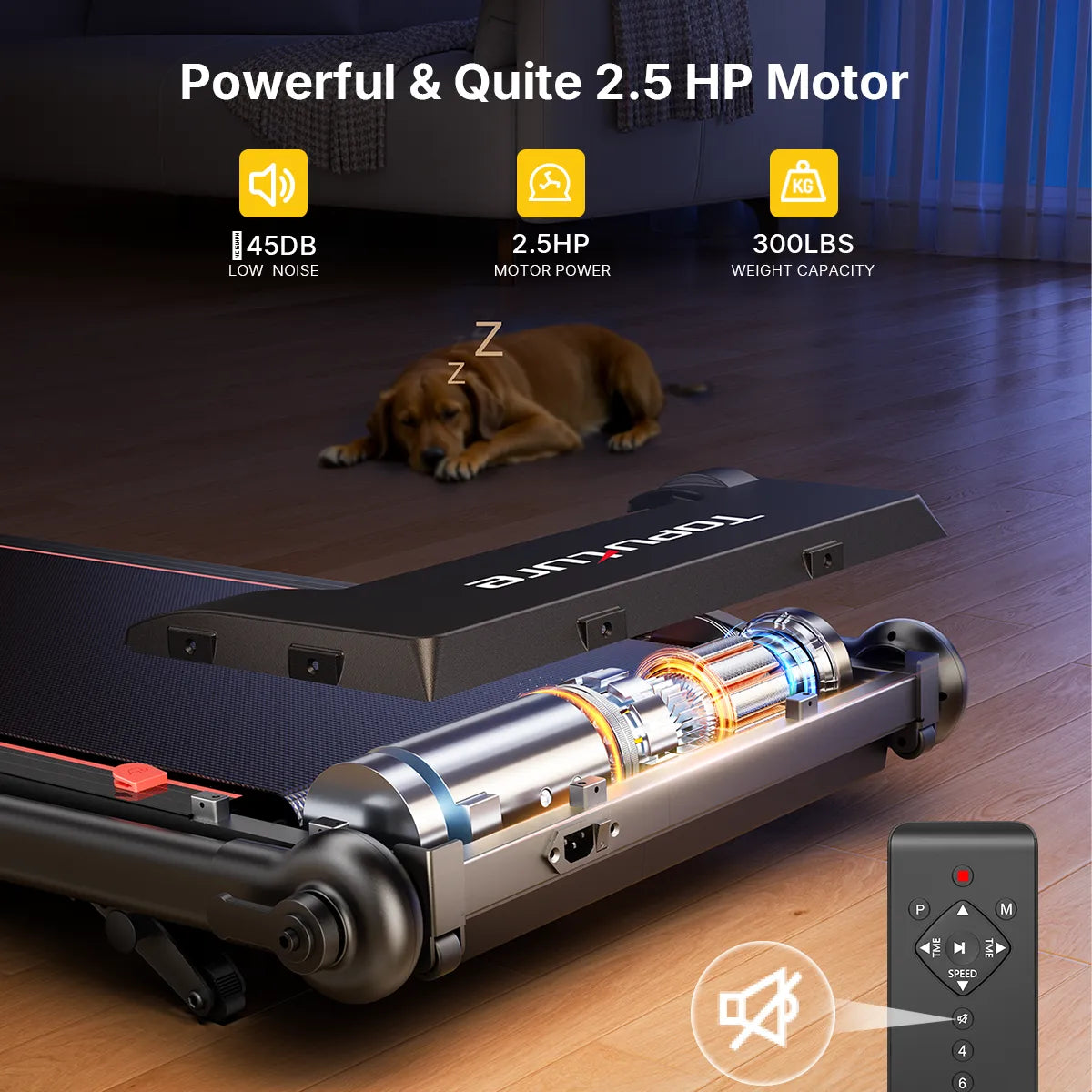 A dog sleeping soundly next to a TP7 treadmill running with its 2.5 HP quiet motor and remote control.
