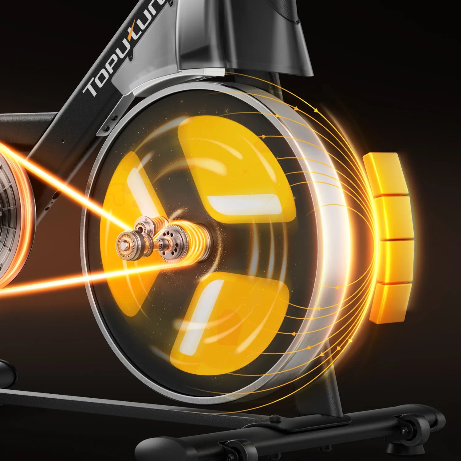 The image shows the orange flywheel and silent design of the exercise bike.