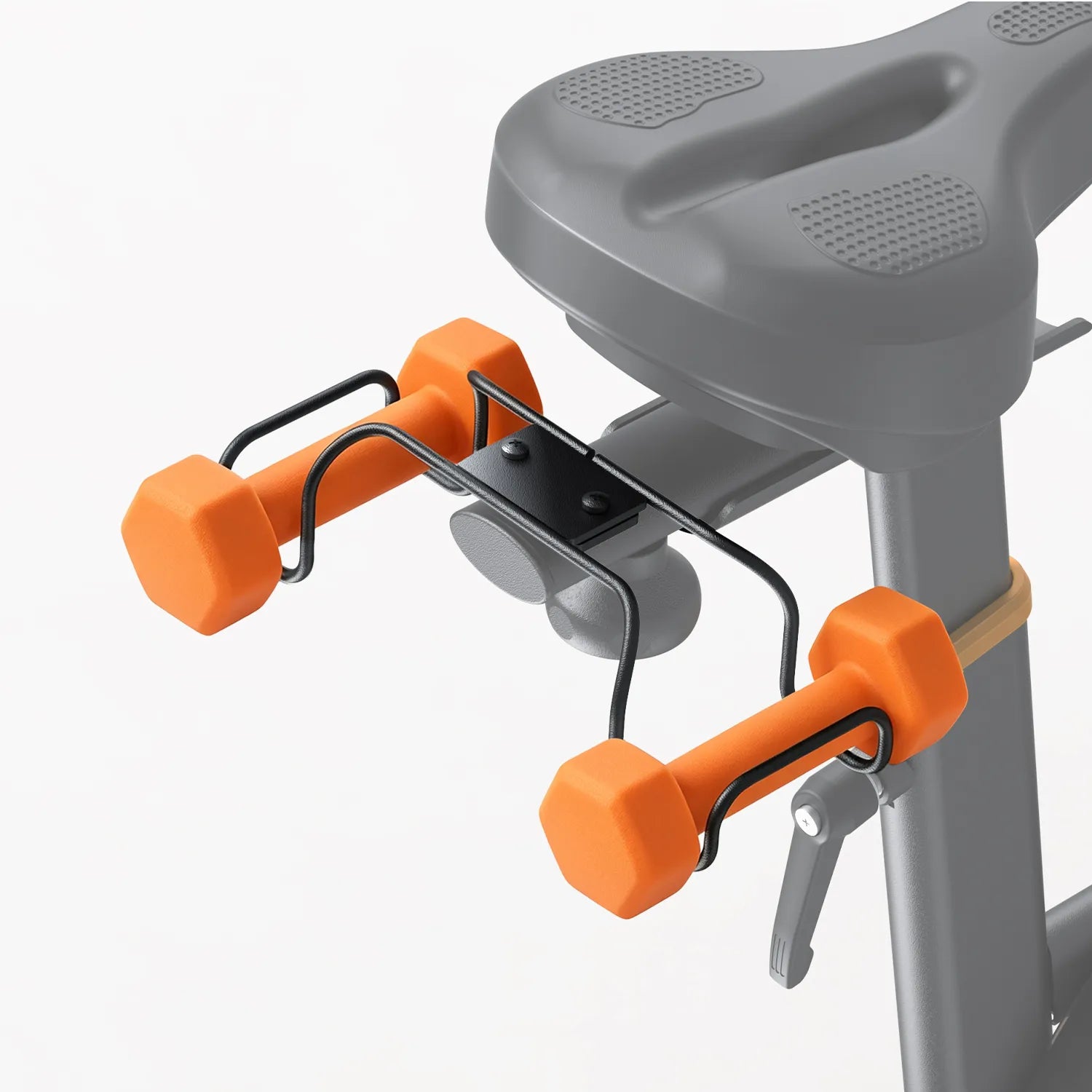 Detailed images of a spin bike with dumbbells