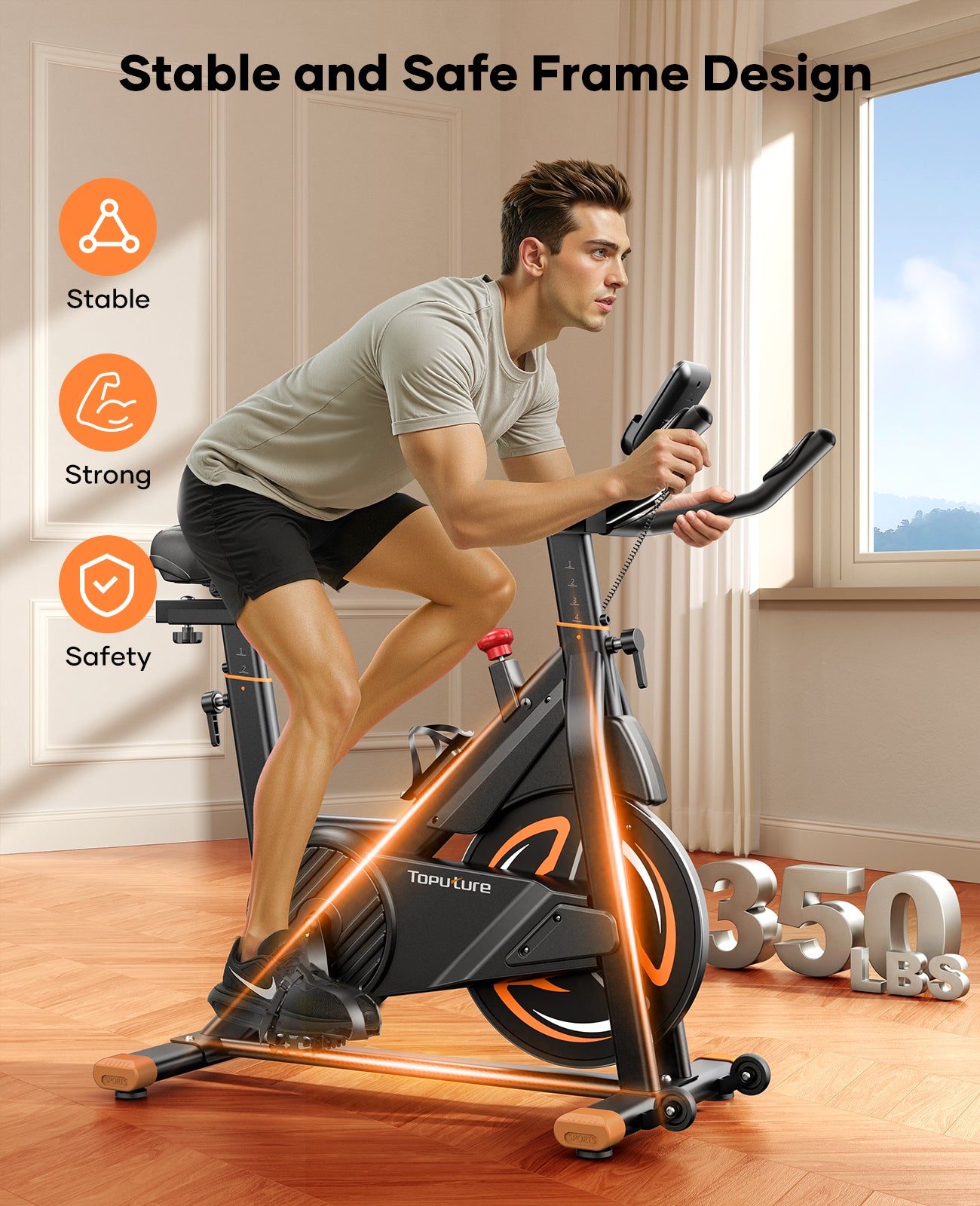 Rider on TEB3 spin bike, showcasing its stable and safe multi-triangle frame design for a secure workout. 