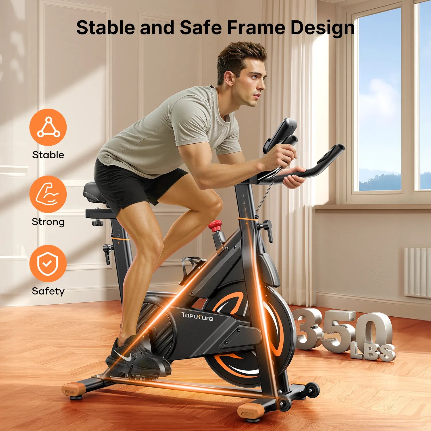 Man exercising on a TEB3 stationary bike with text 'Stable and Safe Frame Design' and icons.