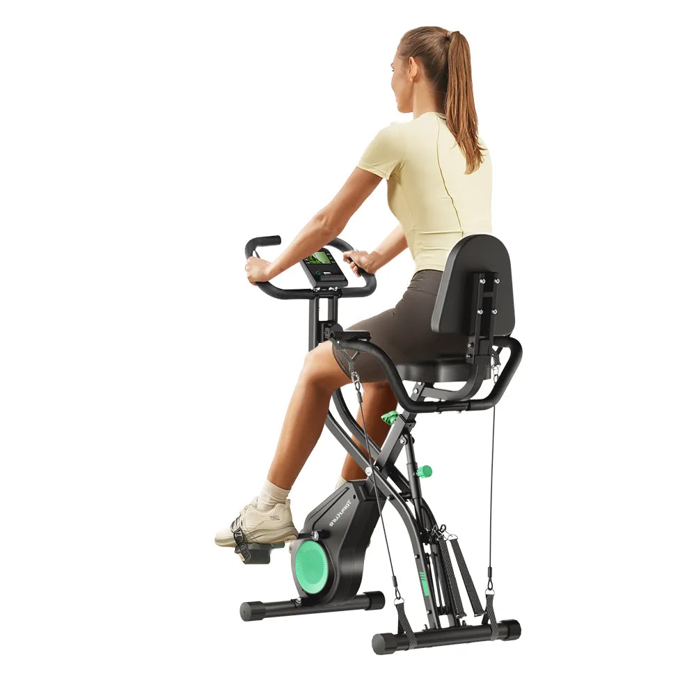 A woman enjoying a smooth, quiet ride on the TEB4 exercise bike at home — effortless performance, personalized comfort, and connected fitness at her fingertips.