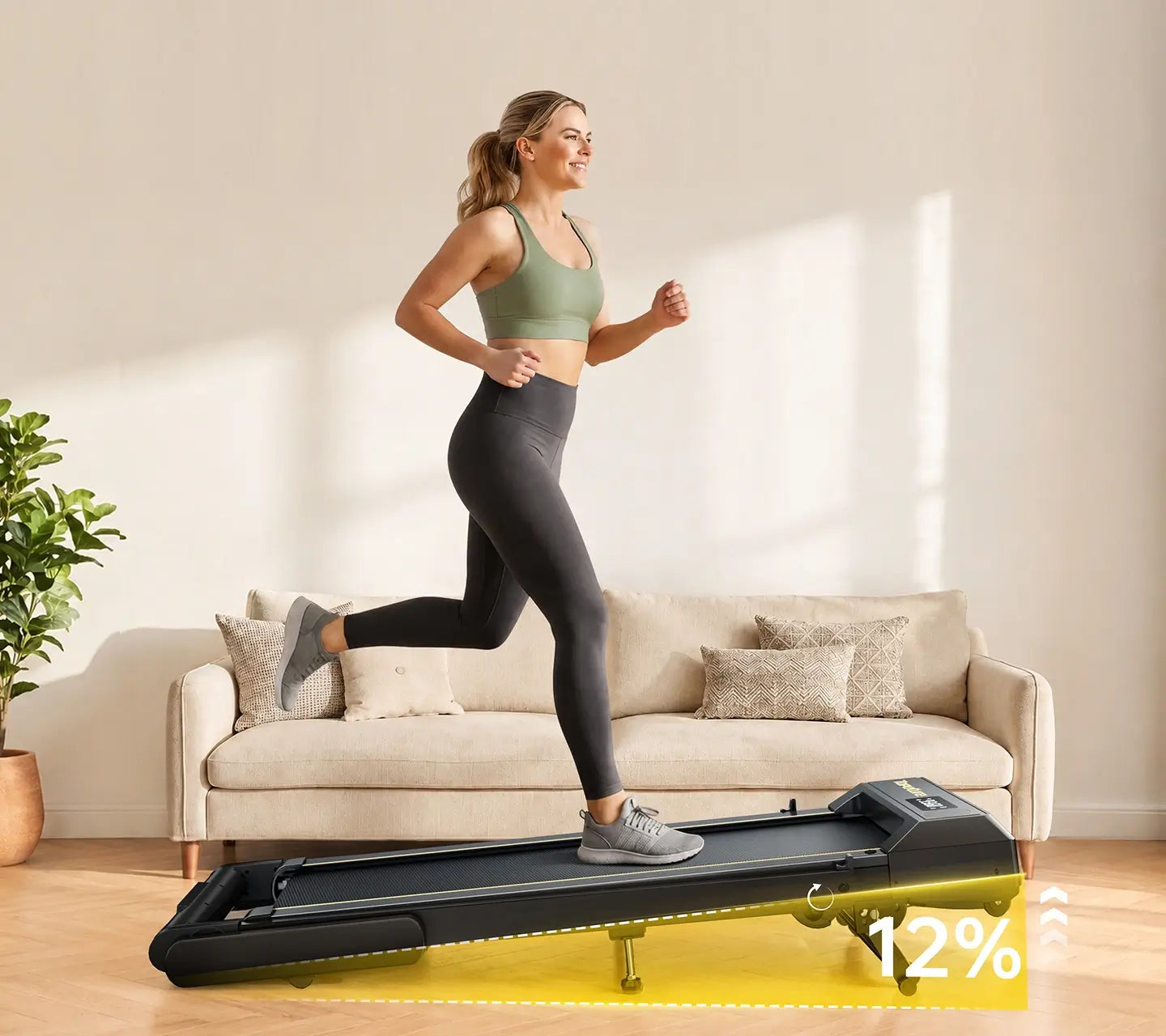 Toputure TP5 foldable treadmill with a 12% manual incline for higher-intensity home walking and running workouts.
